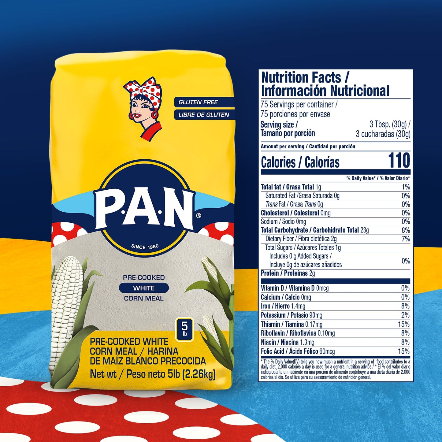 P.A.N. White Corn Meal - Pre-cooked Gluten Free and Kosher Flour for Arepas (5 lb/Pack of 1)