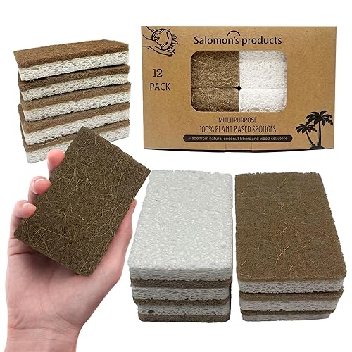 12 Pack Natural Kitchen Sponges - Biodegradable, Compostable, Sustainable Wood Cellulose & Coconut Fiber Sponge for Dishes, Quick Drying & Non Scratch