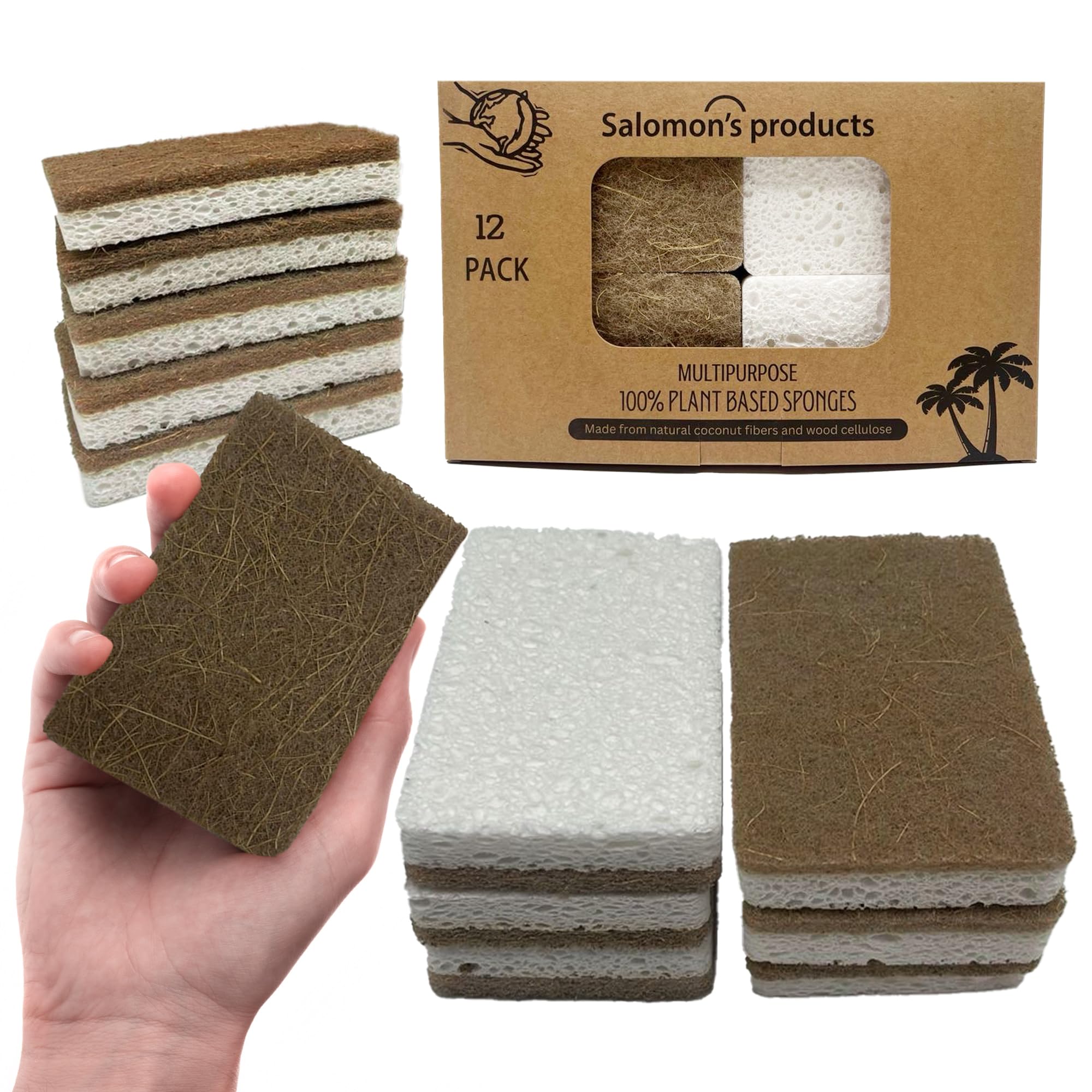 12 Pack Natural Kitchen Sponges - Biodegradable, Compostable, Sustainable Wood Cellulose & Coconut Fiber Sponge for Dishes, Quick Drying & Non Scratch