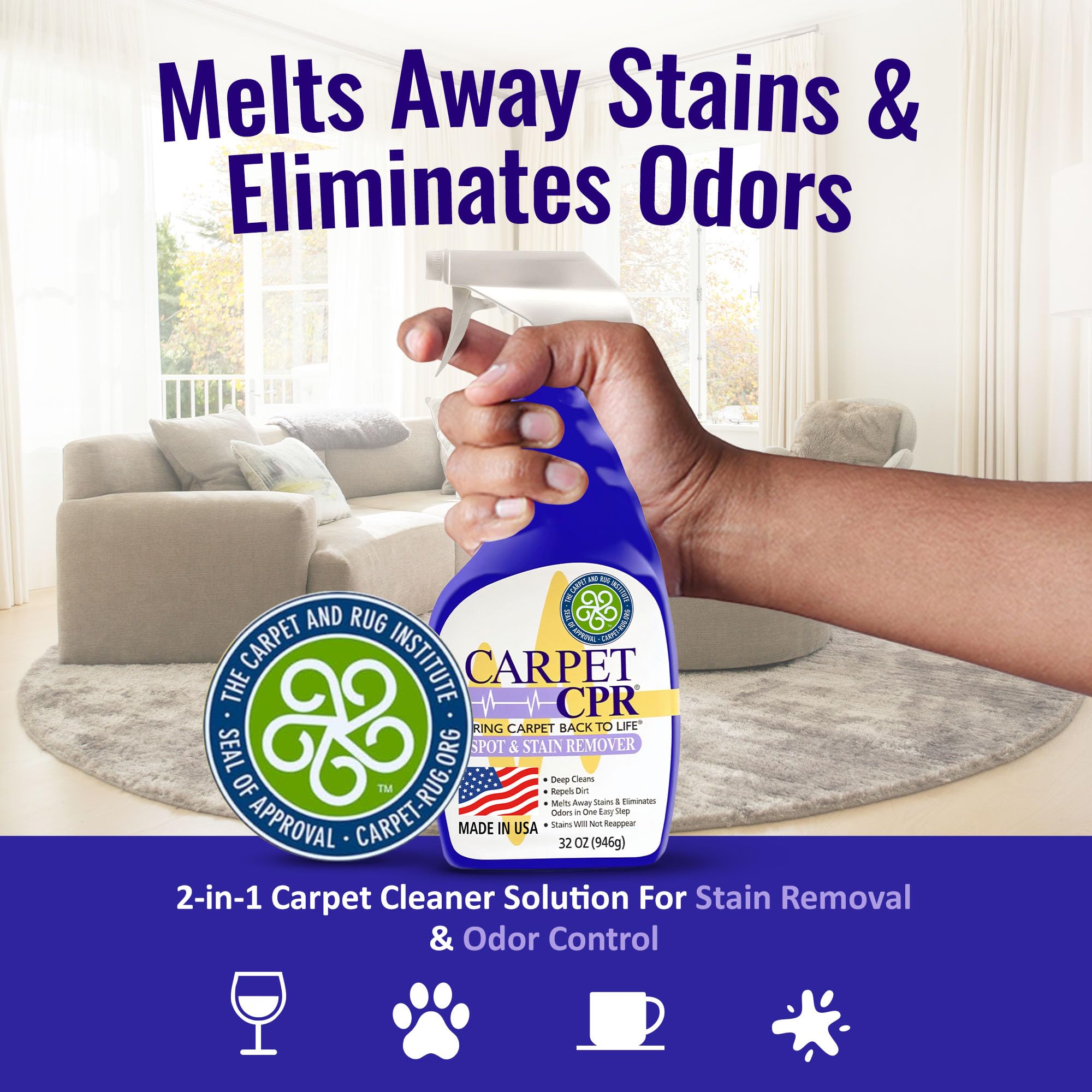 Carpet CPR Spot & Stain Remover (32 oz.) - Eliminates Stains & Odors On Carpet, Rugs, & Car Mats In Seconds, Removes Toughest Carpet Spots Permanently
