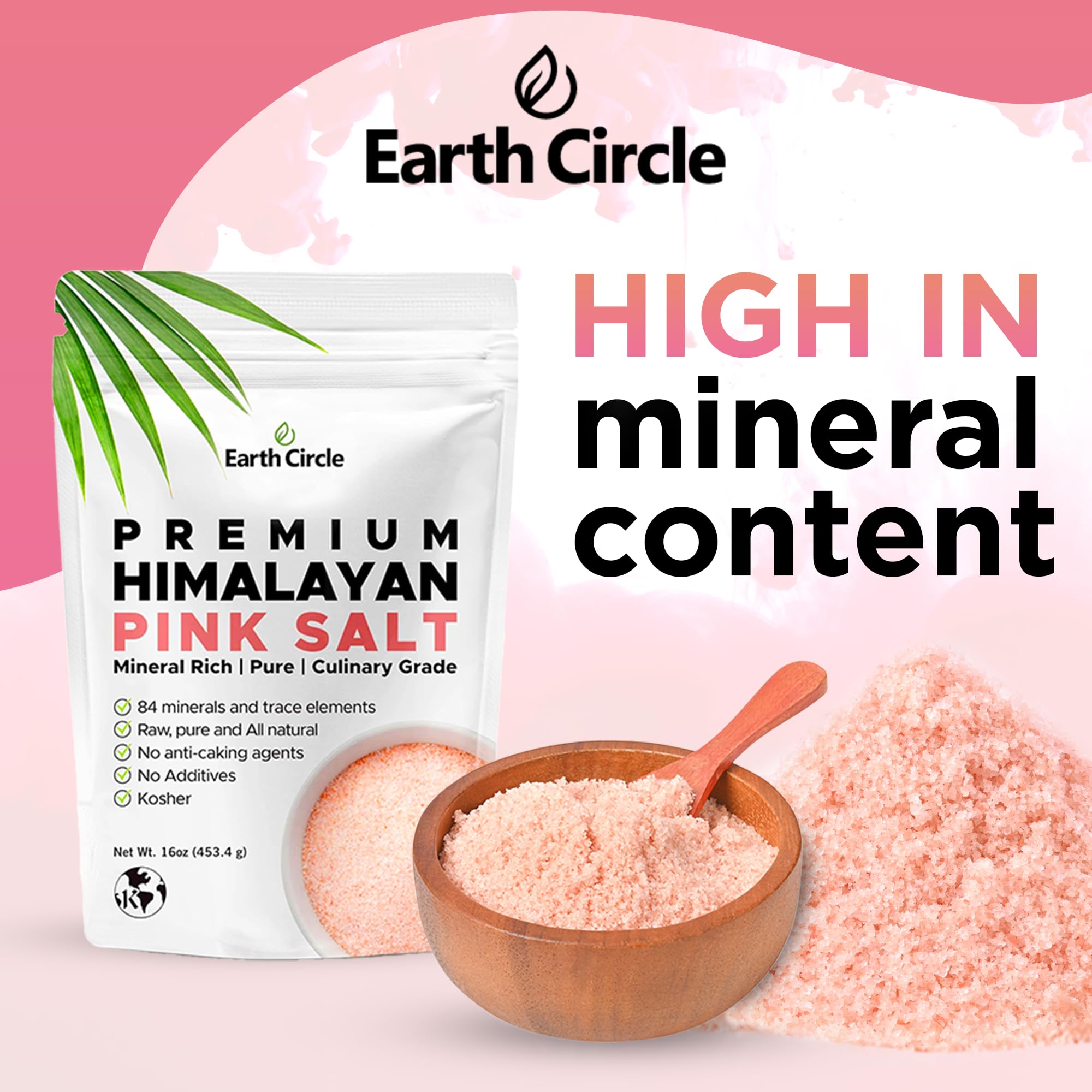 Earth Circle Premium Himalayan Unrefined Pink Fine Grain Salt, Pure Culinary Grade - Kosher, Nutrient and Mineral Dense, 1 Pound (Pack of 3)