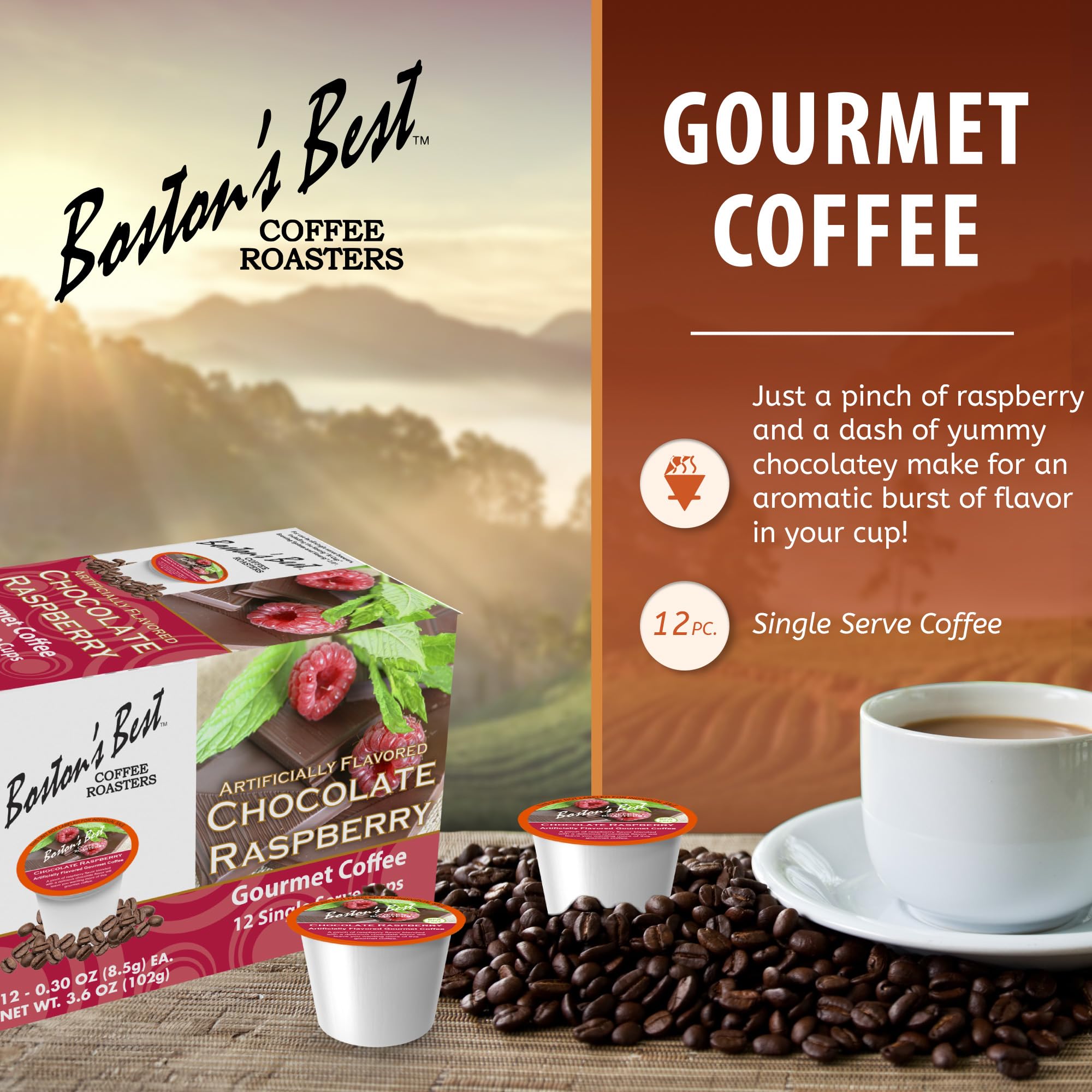 Boston’s Best - Chocolate Raspberry Flavored Medium Roast Gourmet Coffee, Compatible with Keurig Maker, 1 Count (12 Single Serve Cups)