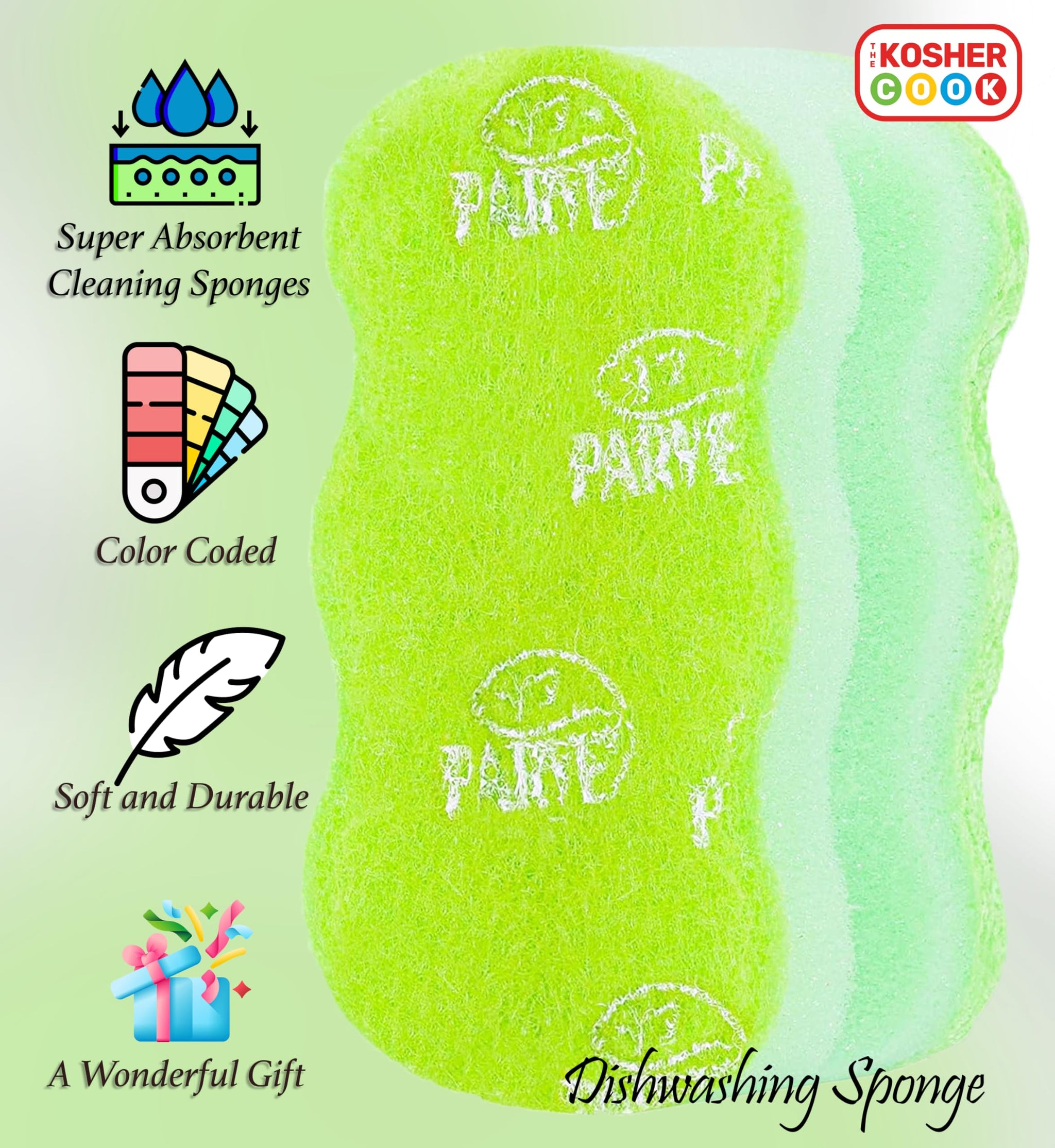 The Kosher Cook Parve Green Dishwashing Sponges, Easy Grip Wavy Absorbent Cleaning Scrub and Scouring Pad, Durable and Soft, Color Coded Home
