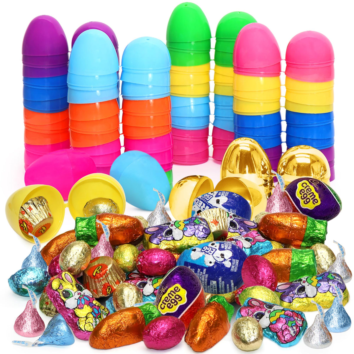 Easter Candy with Fillable Plastic Eggs Bundle - Bulk Pack Of 52 Plastic Eggs With Assorted Chocolate Candy for Filling - Holiday Party Treats