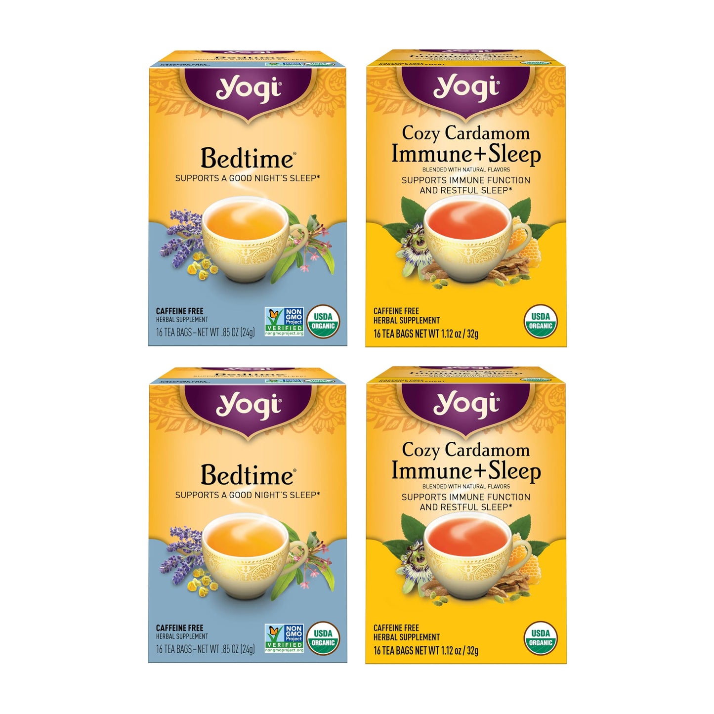 Yogi Tea Sleep & Immunity Variety Pack (4 Pack, 16 ea) - Supports a Good Night's Sleep - Organic Caffeine-Free Teas