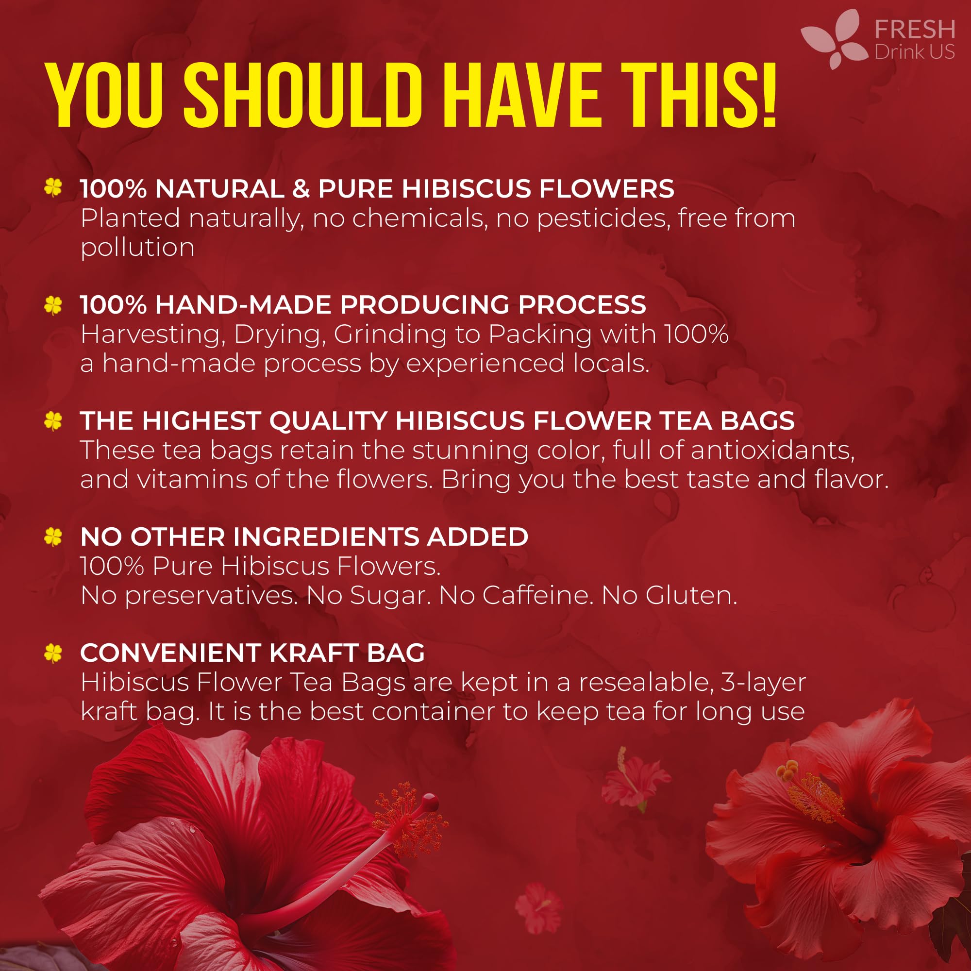 FRESHDRINKUS 140 Hibiscus Flowers Tea Bags, 100% Natural, Pure from Hibiscus Flowers. Loose Flower Hibiscus Herbal Tea. Hibiscus Flower Tea. No Sugar