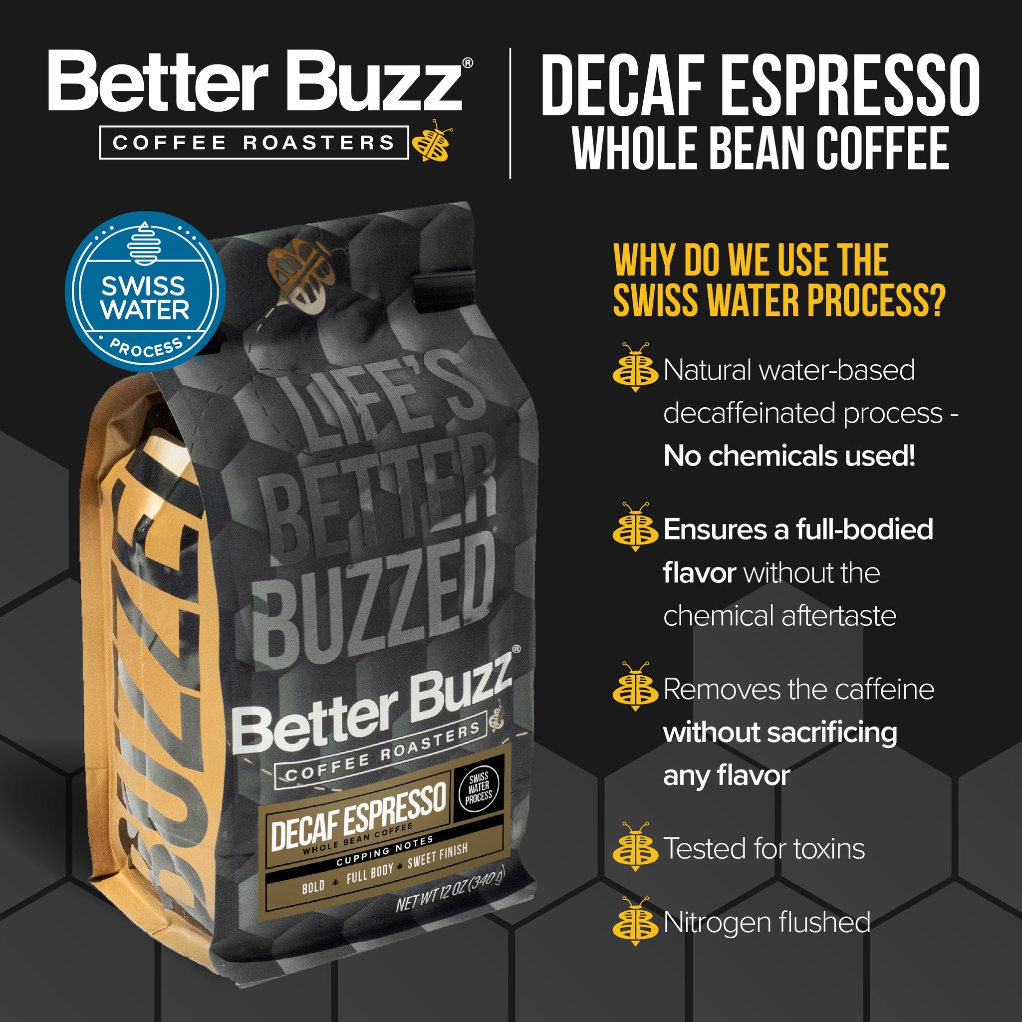Better Buzz Decaf Espresso Dark Roast Whole Bean Coffee 12oz., Swiss Water Processed