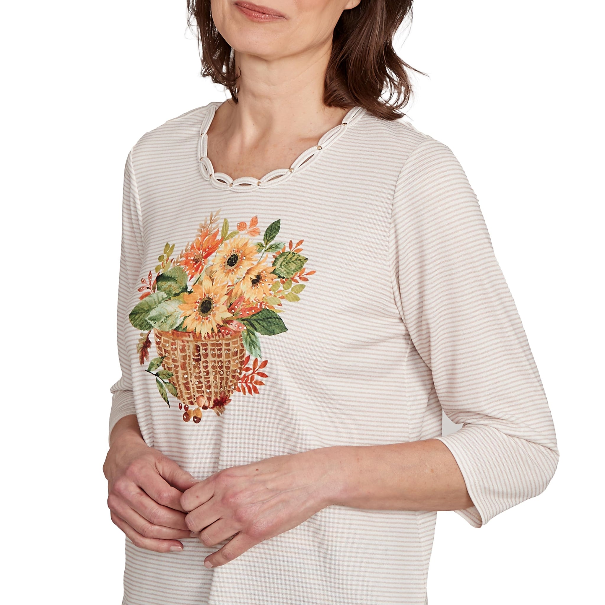 Alfred Dunner Women's Petite Harvest Basket Top Size PL Oatmeal Multi