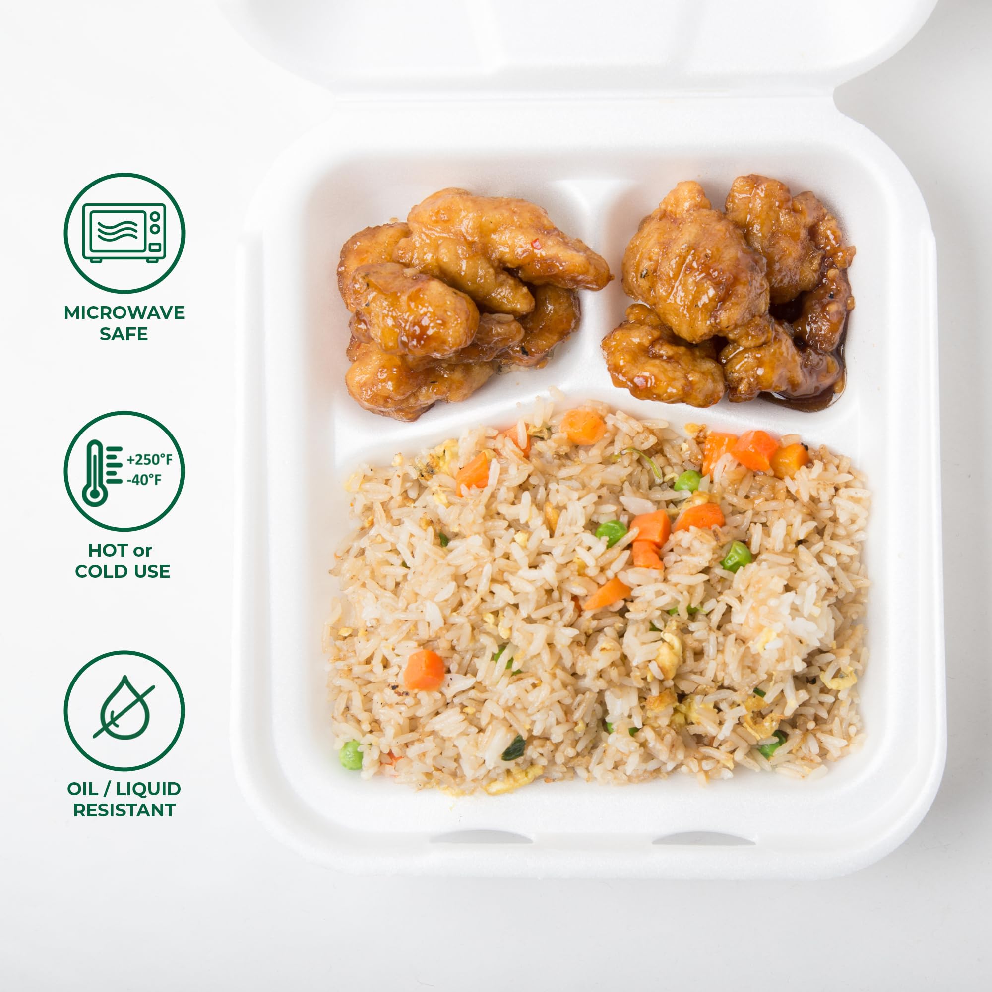 Freshware Clamshell Food Containers with Lids [8x8"] 3-Compartment 100-Pack, Disposable To Go Containers, Biodegradable Sugarcane To Go Boxes - Paper