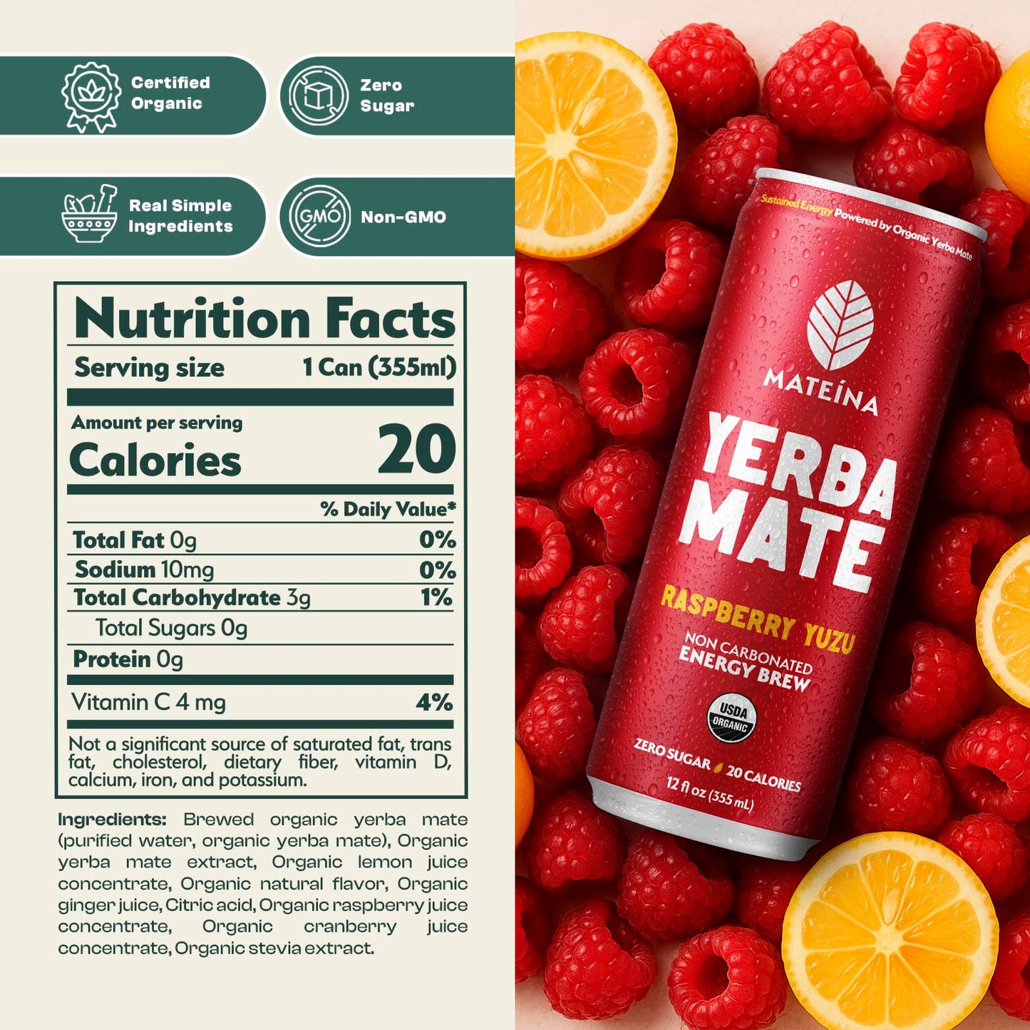 Mateina Organic Raspberry Yuzu Yerba Mate, 12 FZ