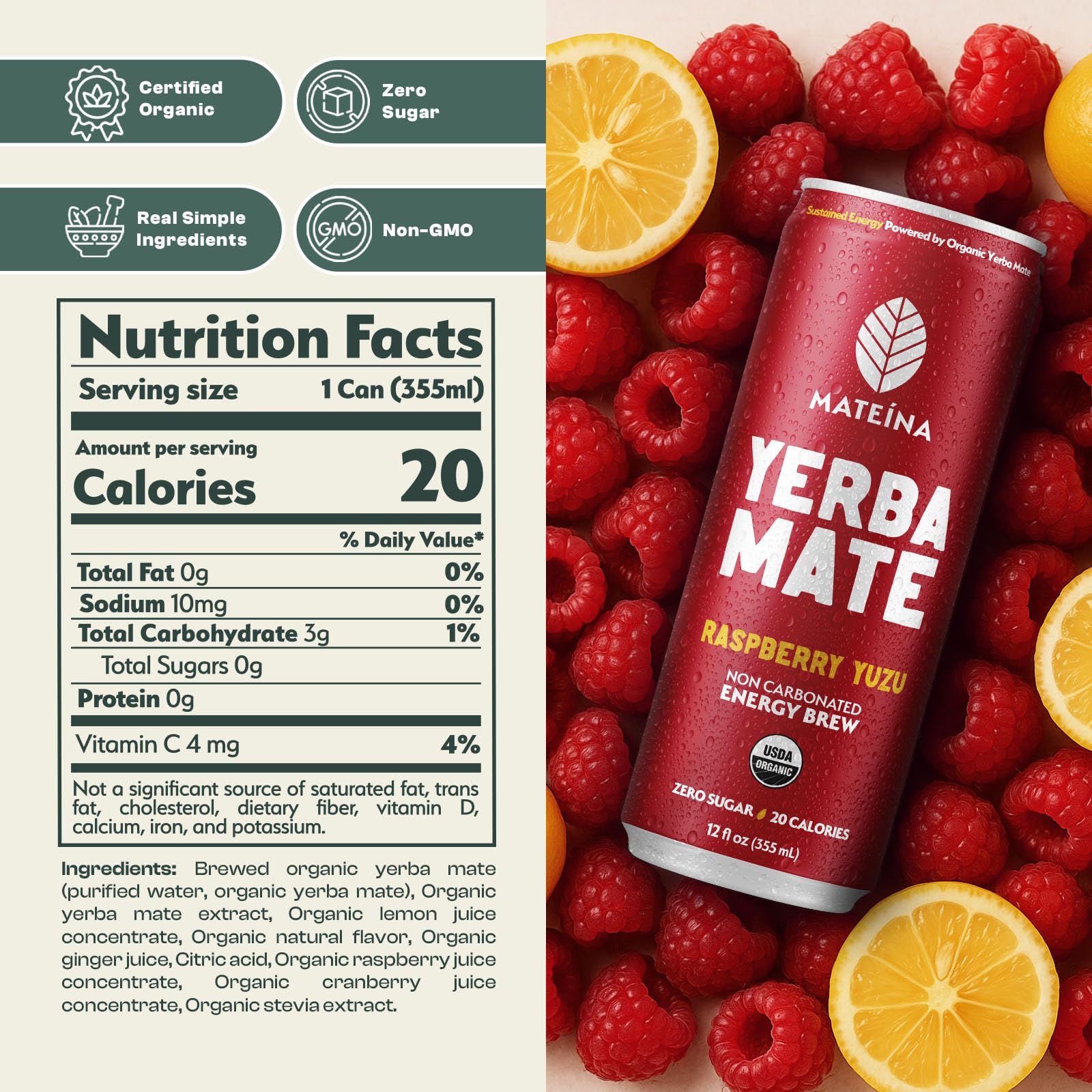 Mateina Yerba Mate Zero Sugar Energy Drink - 120mg Natural Caffeine - Organic, Non-GMO, Non-Carbonated - Dr. Andrew Huberman Recommended - (12 fl oz