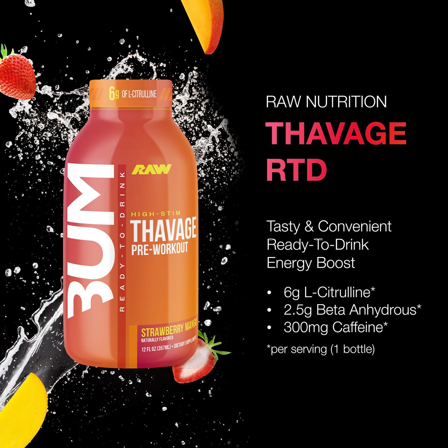 RAW Ready to Drink Pre-Workout Drink - BUM Thavage RTD Preworkout Shakes - Energy Supplement Drinks with Beta Alanine, L-Citrulline & Caffeine - Zero