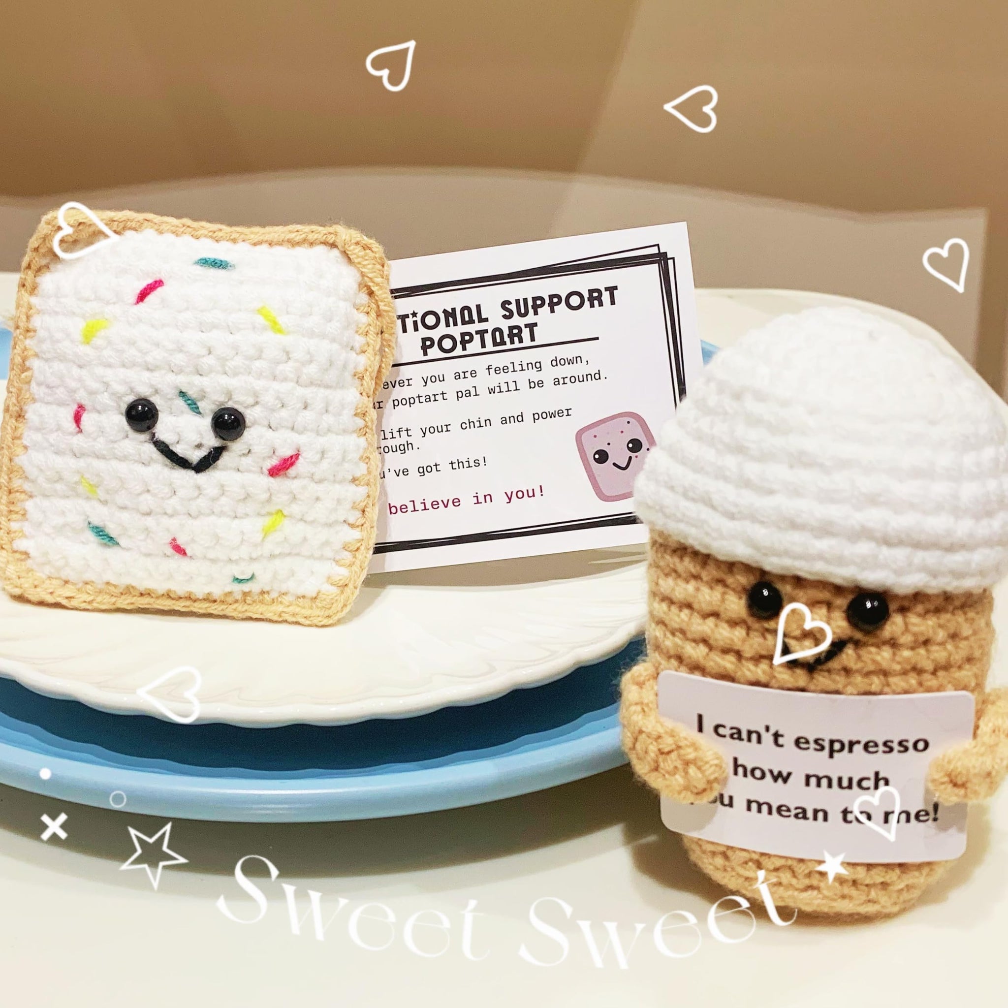 positive crochet Taco Easter Basket Essentials Stuffers, 3PCS Emotional Support Tart Coffee with Positive Card ,Desk Decoration Crochet Birthday Gifts