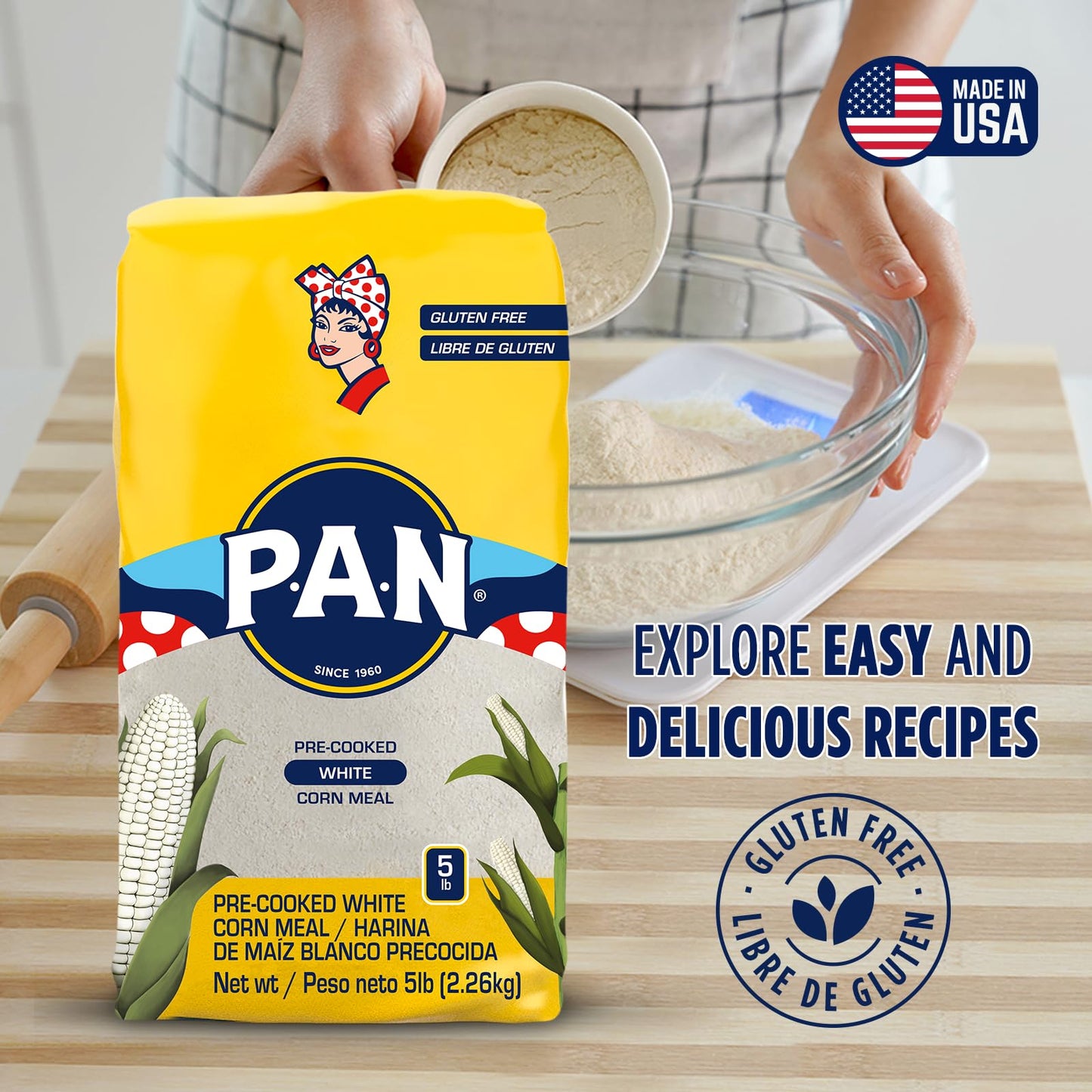 P.A.N. White Corn Meal - Pre-cooked Gluten Free and Kosher Flour for Arepas (5 lb/Pack of 1)