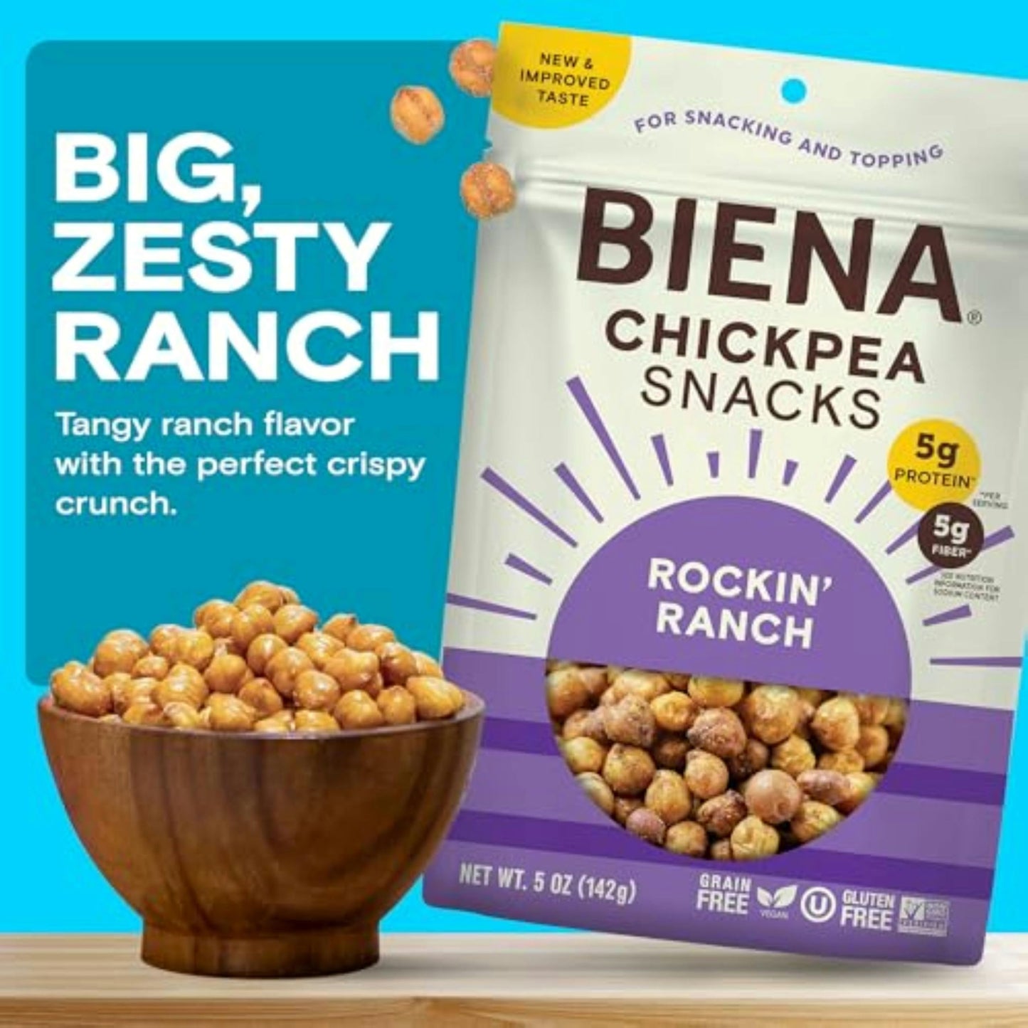BIENA Chickpea Snacks - Crunchy Roasted Chickpeas - High Fiber Vegan Protein Snacks for Adults and Kids - 5 Ounce Individual Pack - Rockin' Ranch