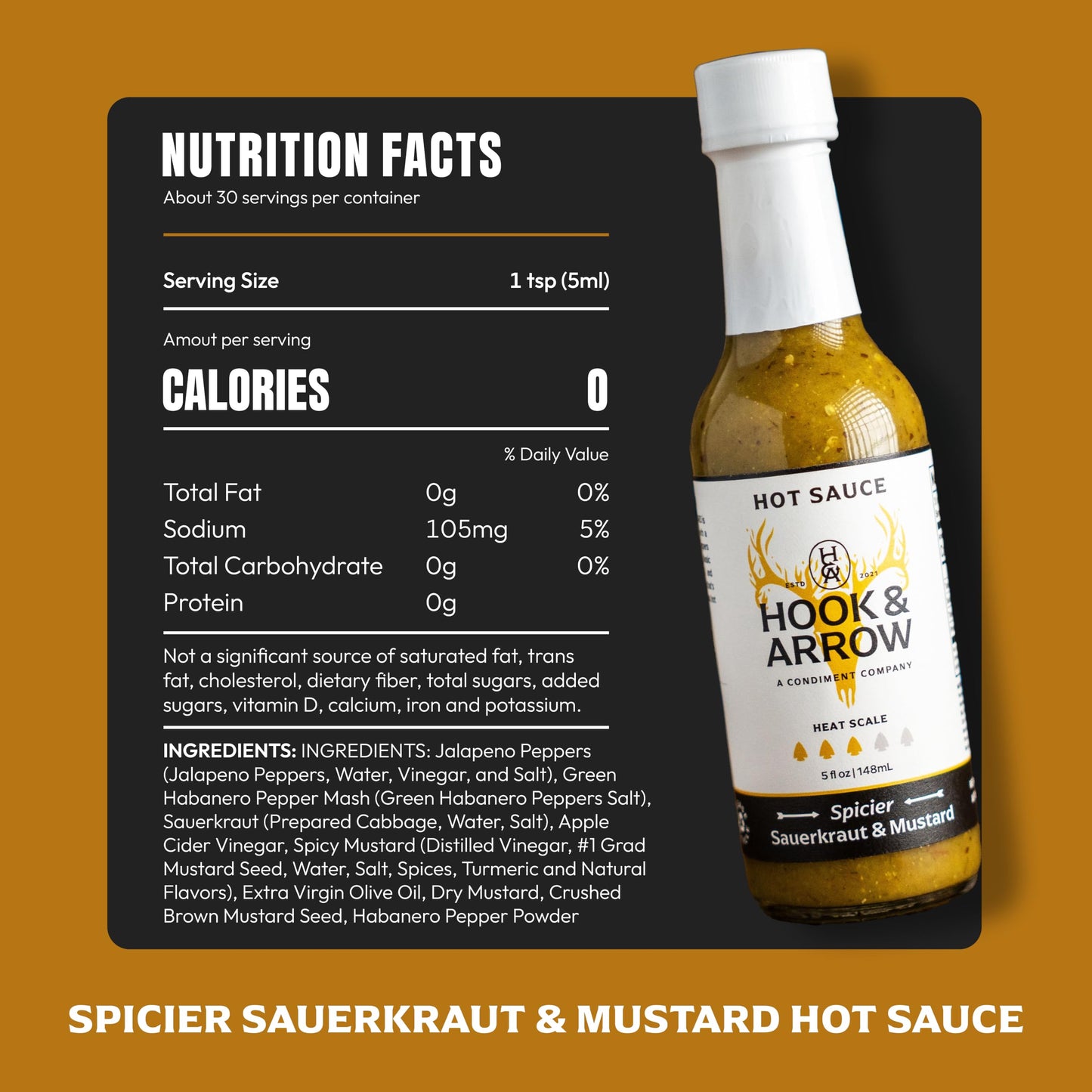 Hook & Arrow Spicier Sauerkraut & Mustard Hot Sauce - Low Sugar Tangy Spicy Mustard Sauce, Gluten-Free, Vegan, Paleo, Low Sodium (5 fl oz, 30