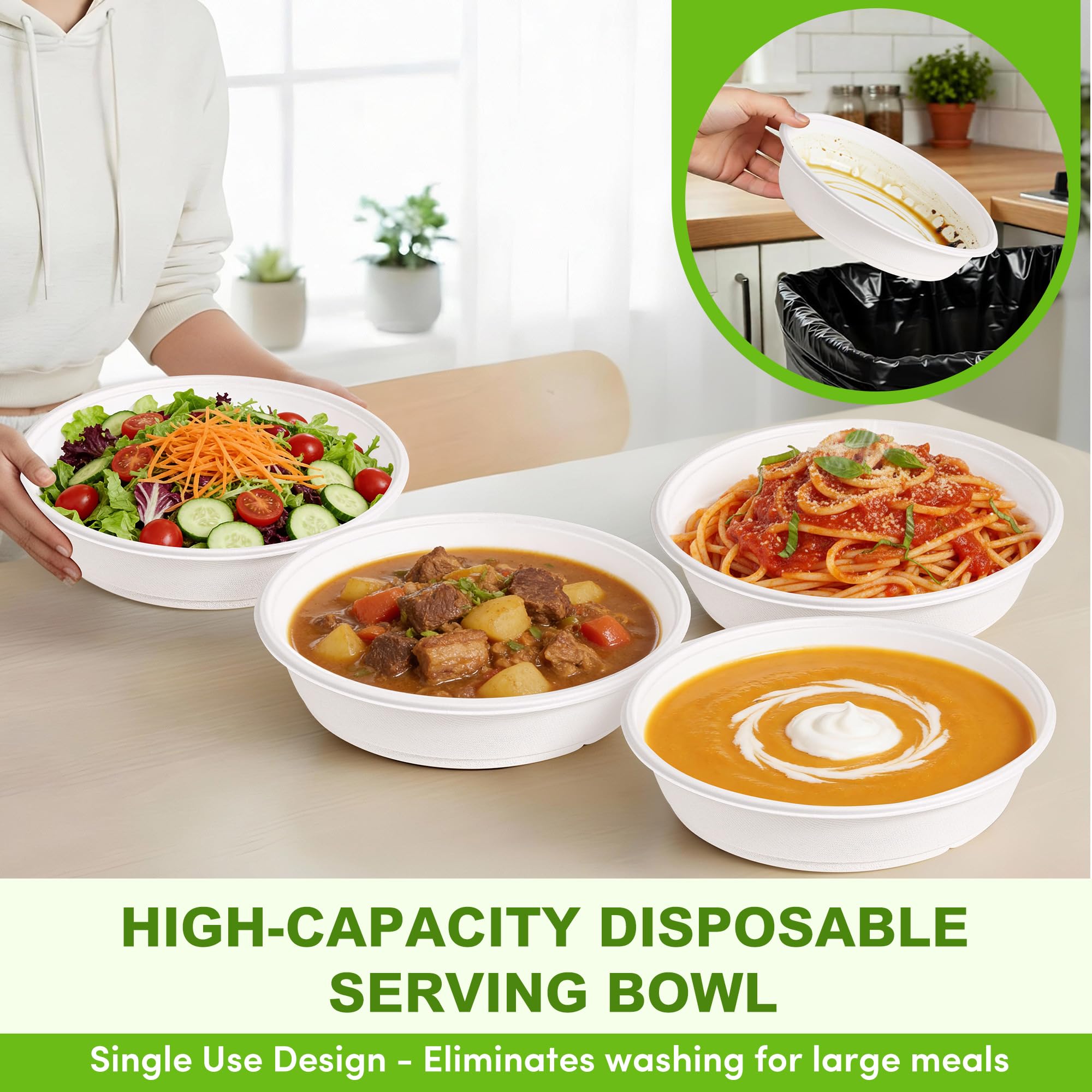 FEHHTO 50-Pack 105oz Extra Large Disposable Paper Salad Bowls, Heavy Duty Sugarcane Fiber Paper Serving Bowls for Pasta, Soup & Party Sharing