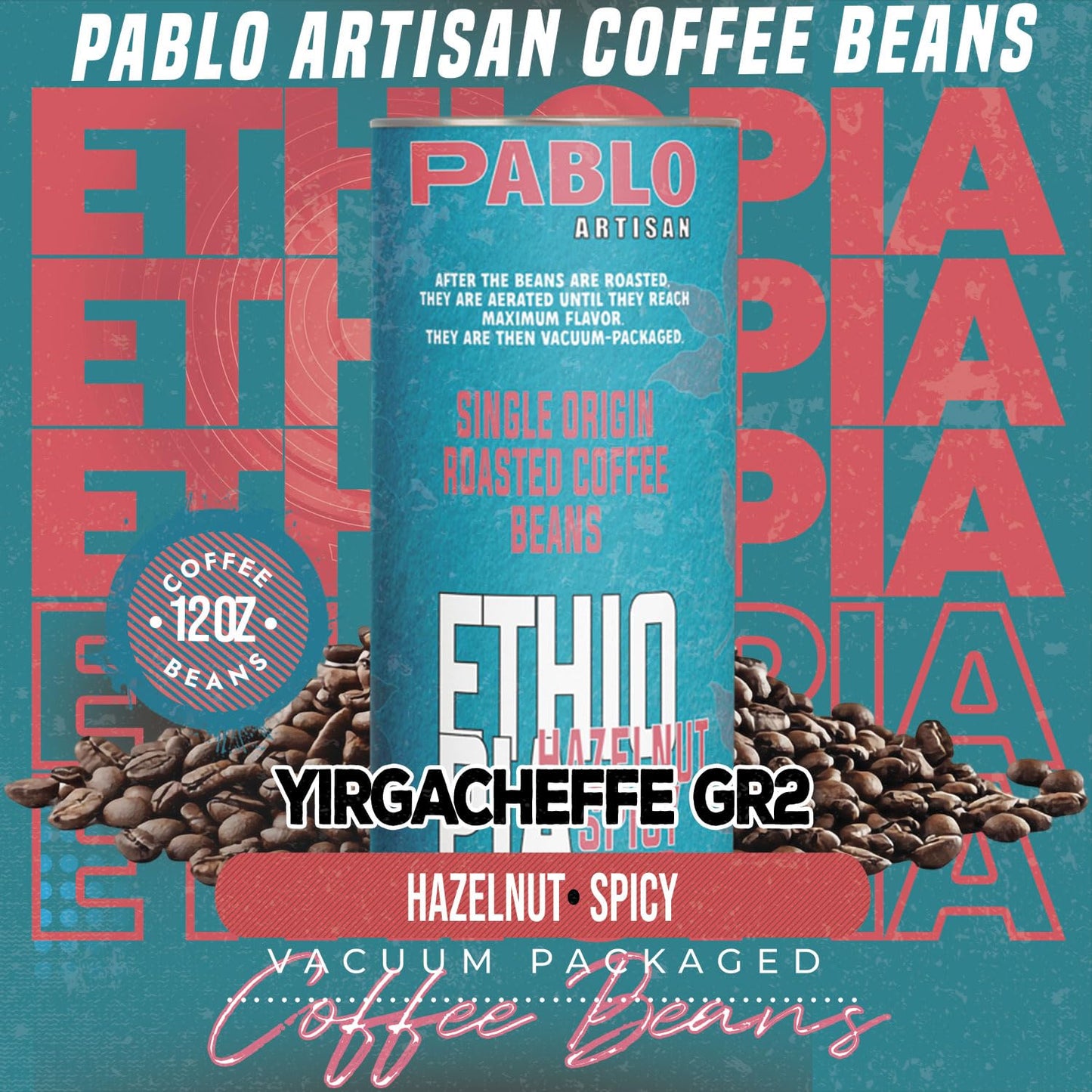 Pablo Artisan Ethiopia Yirgacheffe Grade 2 Single Origin Coffee Beans - Medium Dark Roast Whole Bean Coffee, 100% Arabica Espresso Beans, Notes