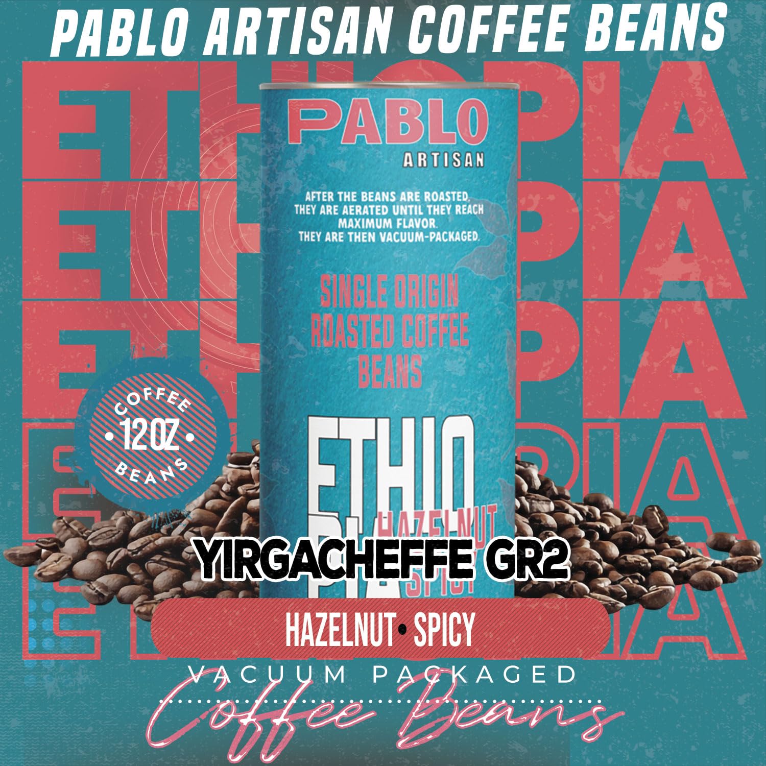Pablo Artisan Ethiopia Yirgacheffe Grade 2 Single Origin Coffee Beans - Medium Dark Roast Whole Bean Coffee, 100% Arabica Espresso Beans, Notes