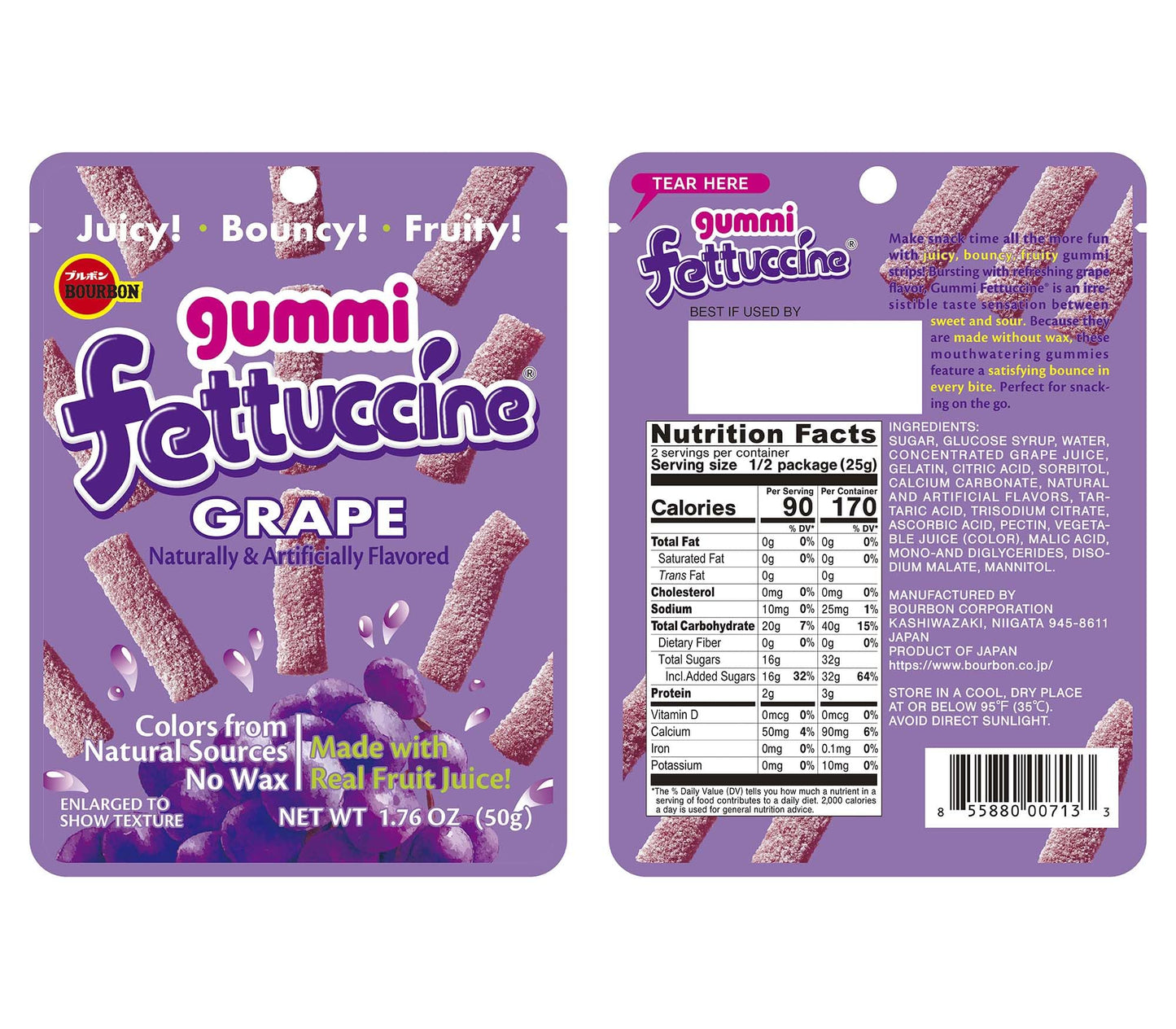 Bourbon Fettuccine Gummi Grape Candy, 10-Pack - Japanese Sour & Chewy Gummy Strips Made with Real Fruit Juice