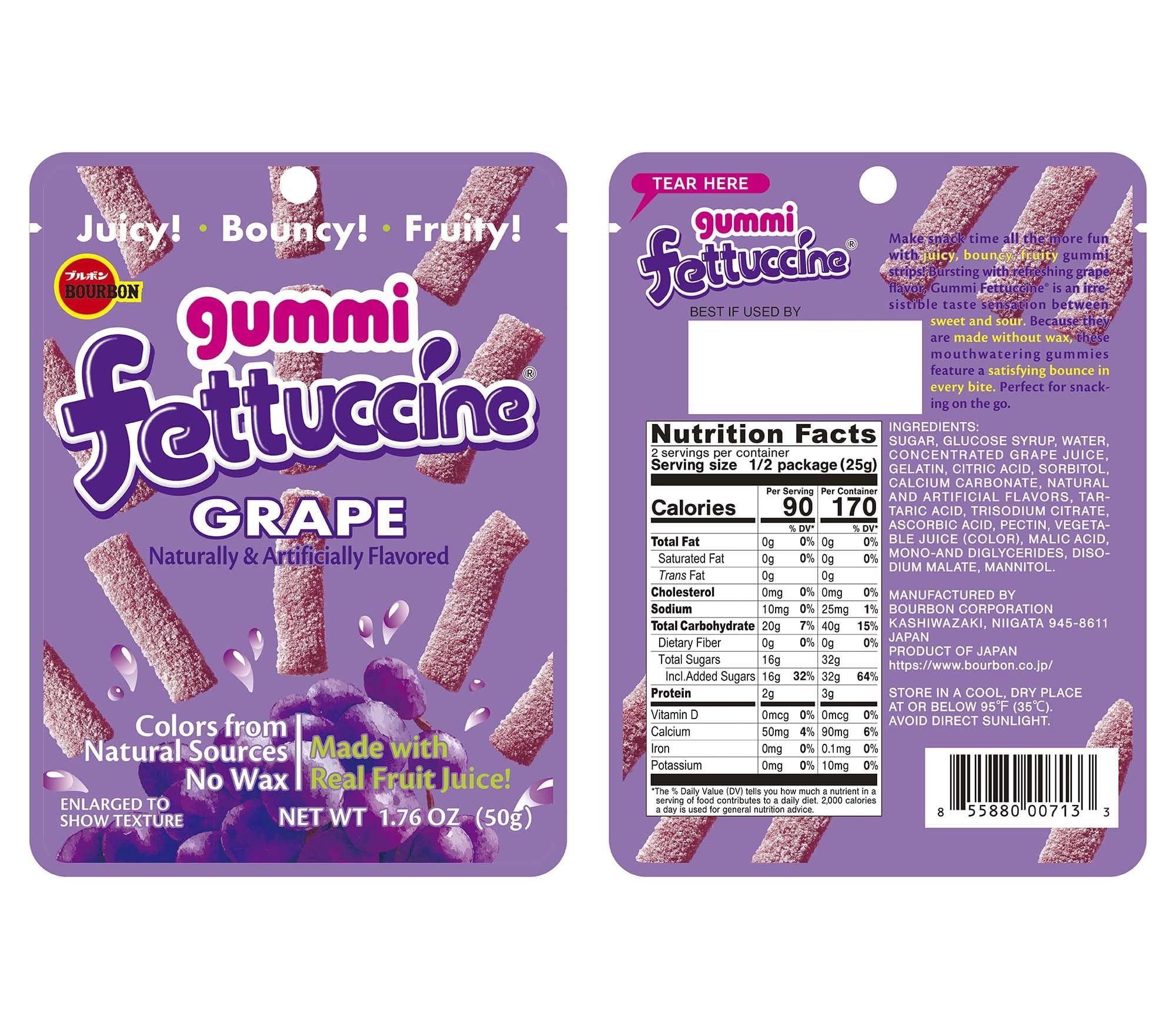 Bourbon Fettuccine Gummi Grape Candy, 10-Pack - Japanese Sour & Chewy Gummy Strips Made with Real Fruit Juice