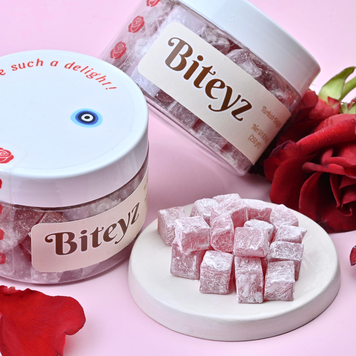 Biteyz Rosy Turkish Delight, Vegan Candy Gift - Assorted Gourmet Snacks with Natural Rose Flavor, 6 Servings of Luxury Handmade Vegan Treats