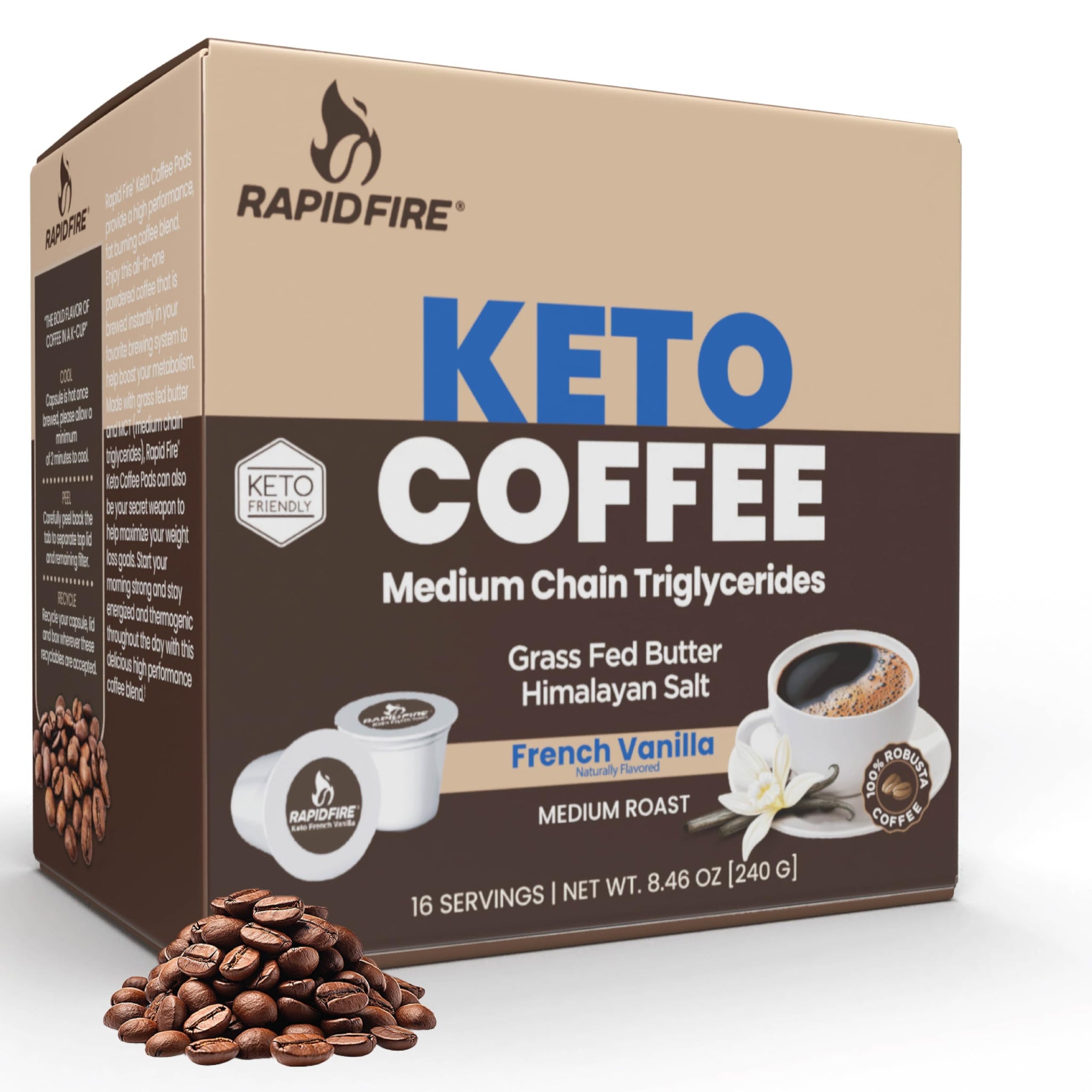 Rapidfire French Vanilla Ketogenic High Performance Keto Coffee Pods, Supports Energy & Metabolism, Weight Management, Single Serve K Cup, Brown, 16