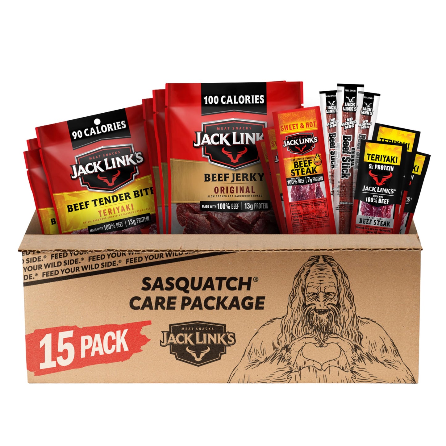 Jack Link's Beef Jerky Variety Pack Gift Basket - 15 Pack - Assorted Jerky, Steaks, and Meat Sticks - Ready to Eat Protein Snacks - Made with 100%