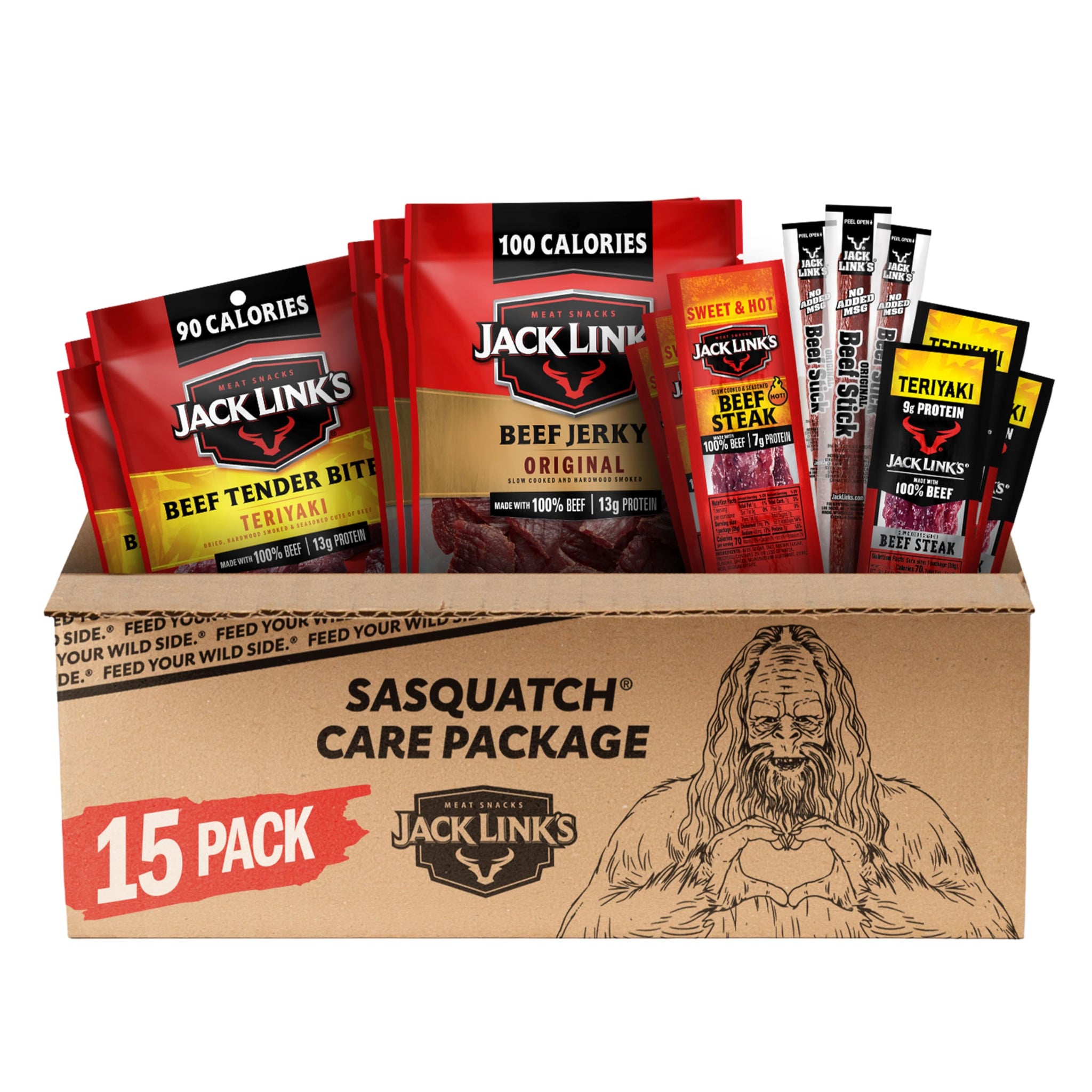 Jack Link's Beef Jerky Variety Pack Gift Basket - 15 Pack - Assorted Jerky, Steaks, and Meat Sticks - Ready to Eat Protein Snacks - Made with 100%