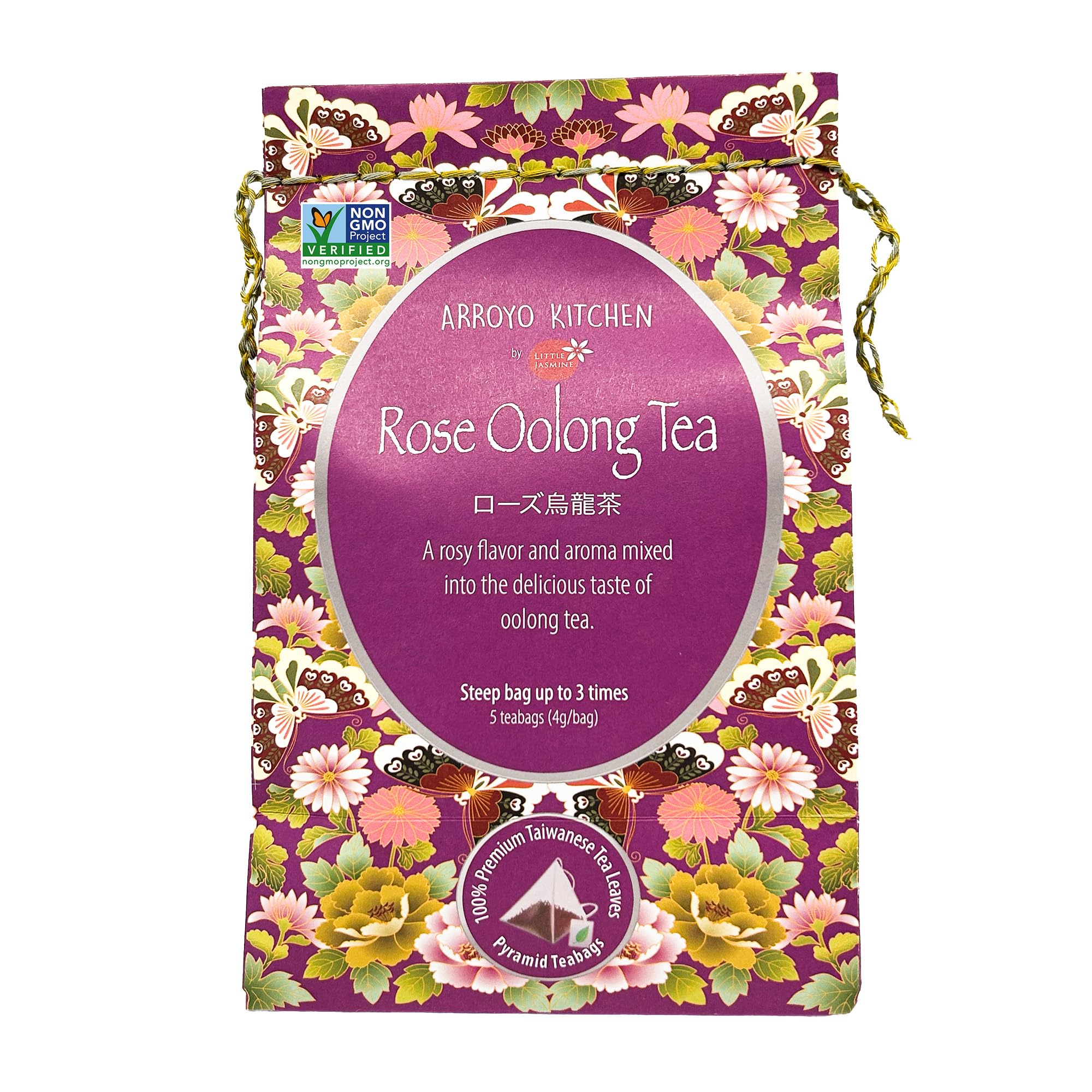 Arroyo Kitchen by Little Jasmine, Non-GMO Rose Oolong Tea Bag, 4 Gr of Premium Taiwanese Whole Tea Leaves and Flowers per Bag, PLA Tea Bag, Brew Hot