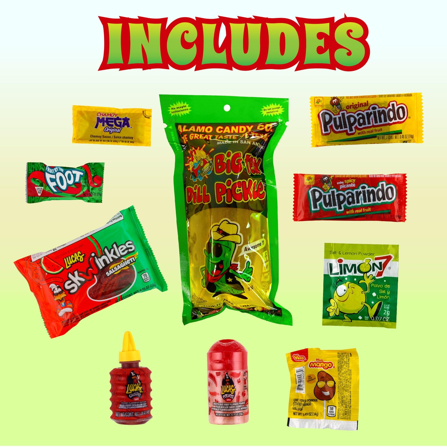 Alamo Dill Pickle Kit, Make Your Own Chamoy Kit, Make the Famous TikTok Trend, Includes Original Alamo Dill Pickle, Chamoy Sauce, Chips, Baby Lucas