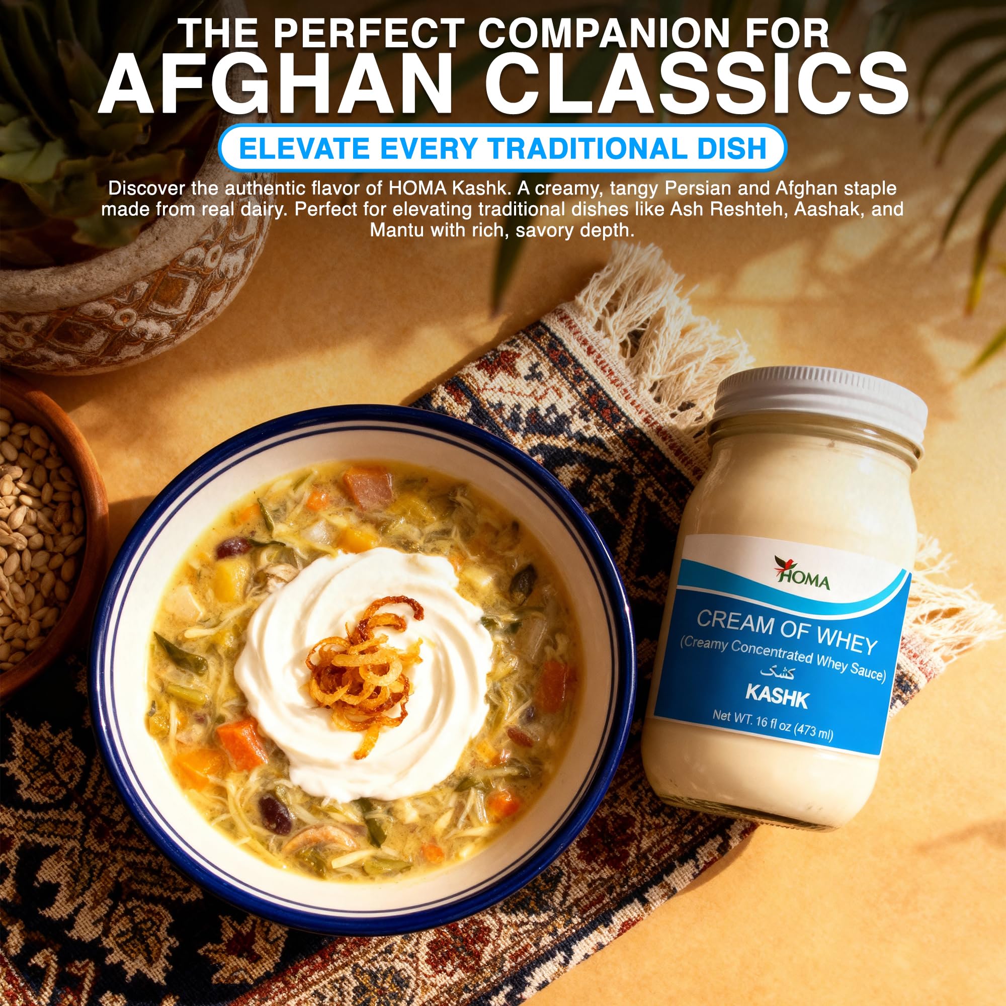 HOMA The Soul of Kashk Bundle - Kashk 2×16oz + Saffron 6oz + Pomegranate Vinegar 8.4oz - Persian & Middle Eastern Pantry Bundle