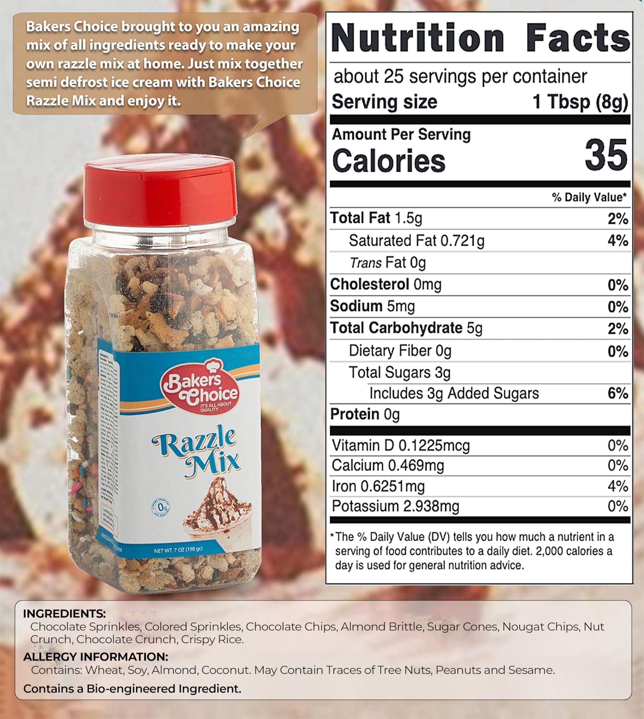 Razzle Crunch Topping - Chocolate, Caramel, Butterscotch and Nut Mix - Sprinkles for Ice Cream Sundae Toppings - 7 oz. - Dairy Free, Kosher - Baker’s