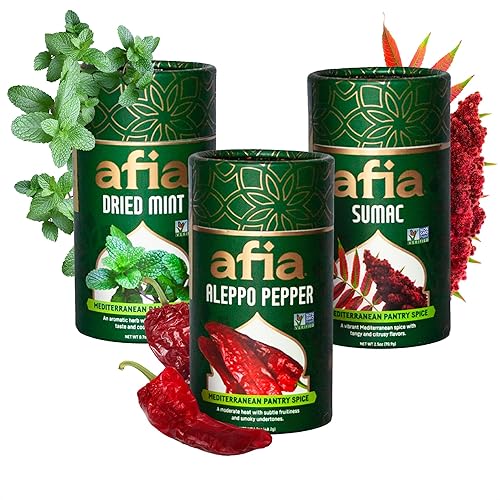 Afia Mediterranean Pantry Spices Gift Set | Aleppo Pepper, Dried Mint & Sumac | Seasoning Set for Steak, Chicken, Vegetables & BBQ Rub (Pack of 3)