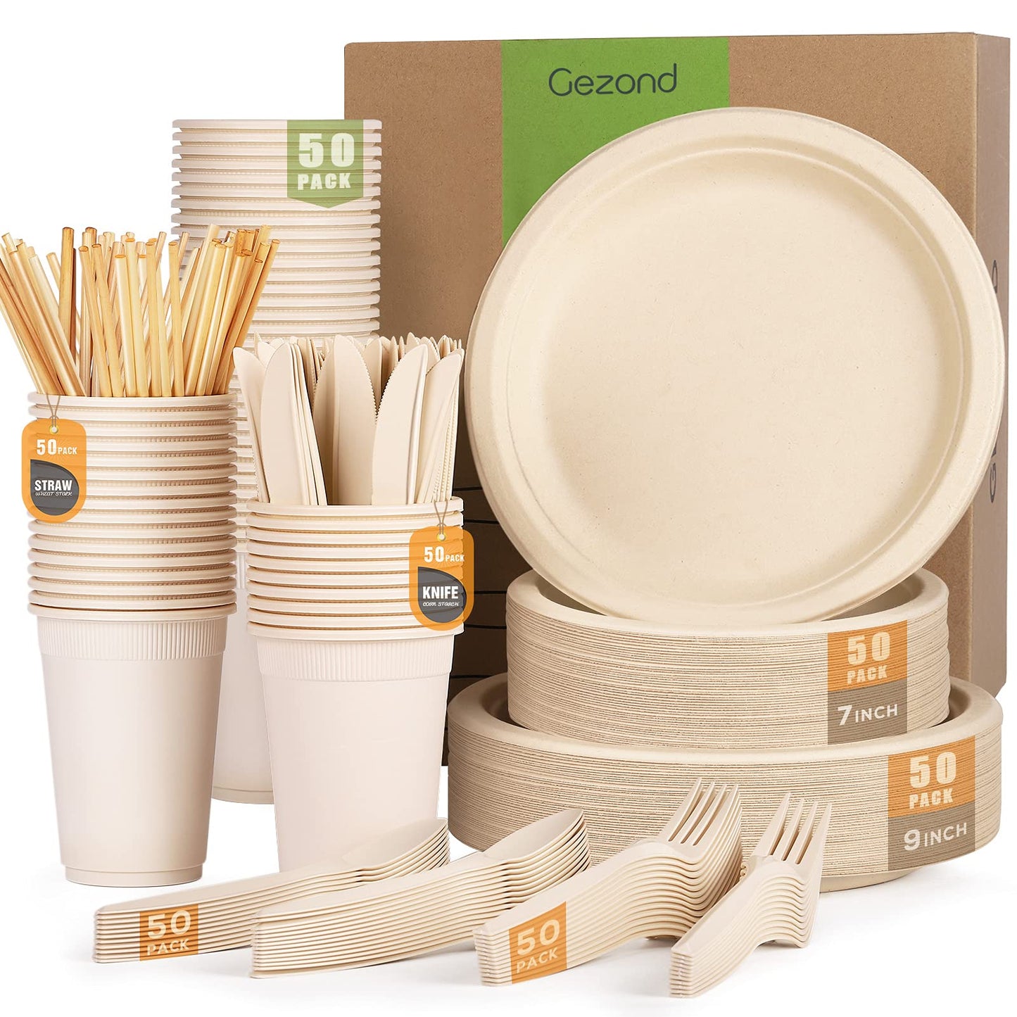 Gezond 350pcs Compostable Paper Plates Set Eco-friendly Heavy-duty Disposable Paper Plates Cutlery Includes Eco-friendly Plate, Forks, Knives, Spoons