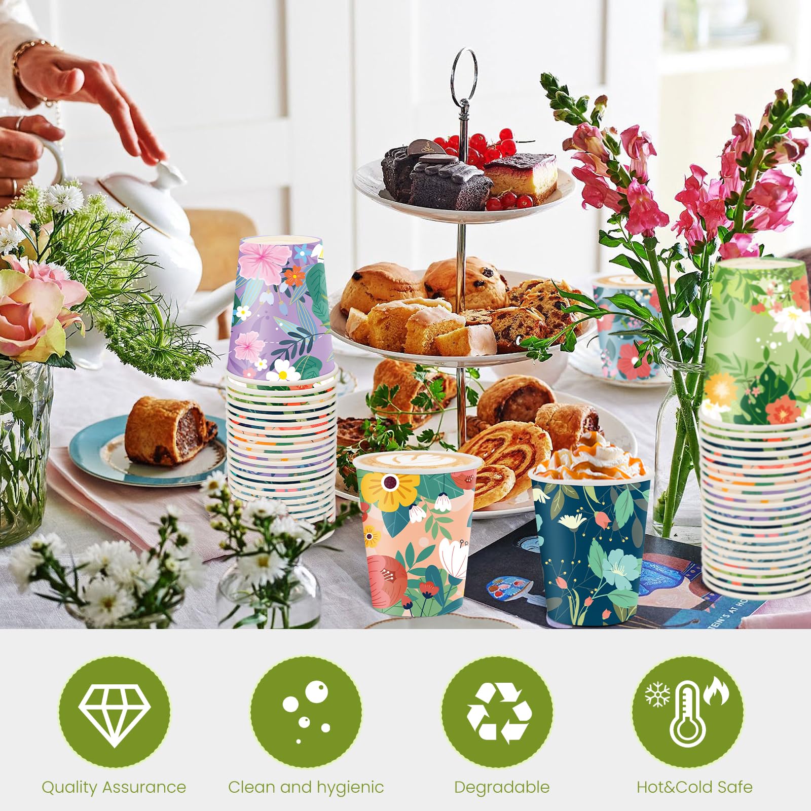Disposable Paper Cup 9oz 48 Pcs - 6 Unique Floral Designs Drinking Cup, Perfect for Spring Birthday Parties, Easter, Bridal Showers, Weddings, Tea