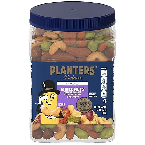 PLANTERS Unsalted Premium Nuts 34.5 oz Resealable Container- Contains Roasted California Pistachios, Cashews, Almonds, Hazelnuts & Pecans - No