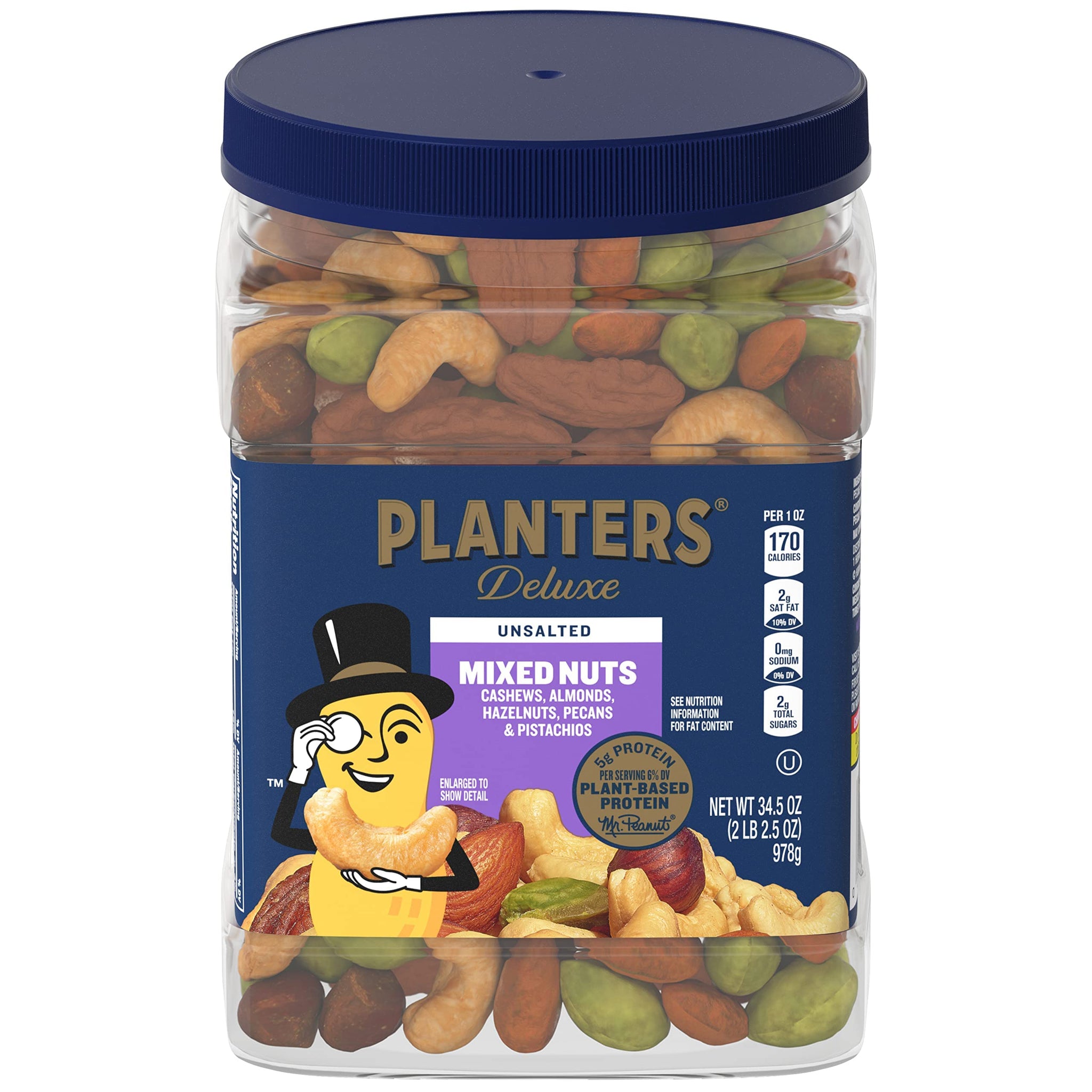 PLANTERS Unsalted Premium Nuts 34.5 oz Resealable Container- Contains Roasted California Pistachios, Cashews, Almonds, Hazelnuts & Pecans - No