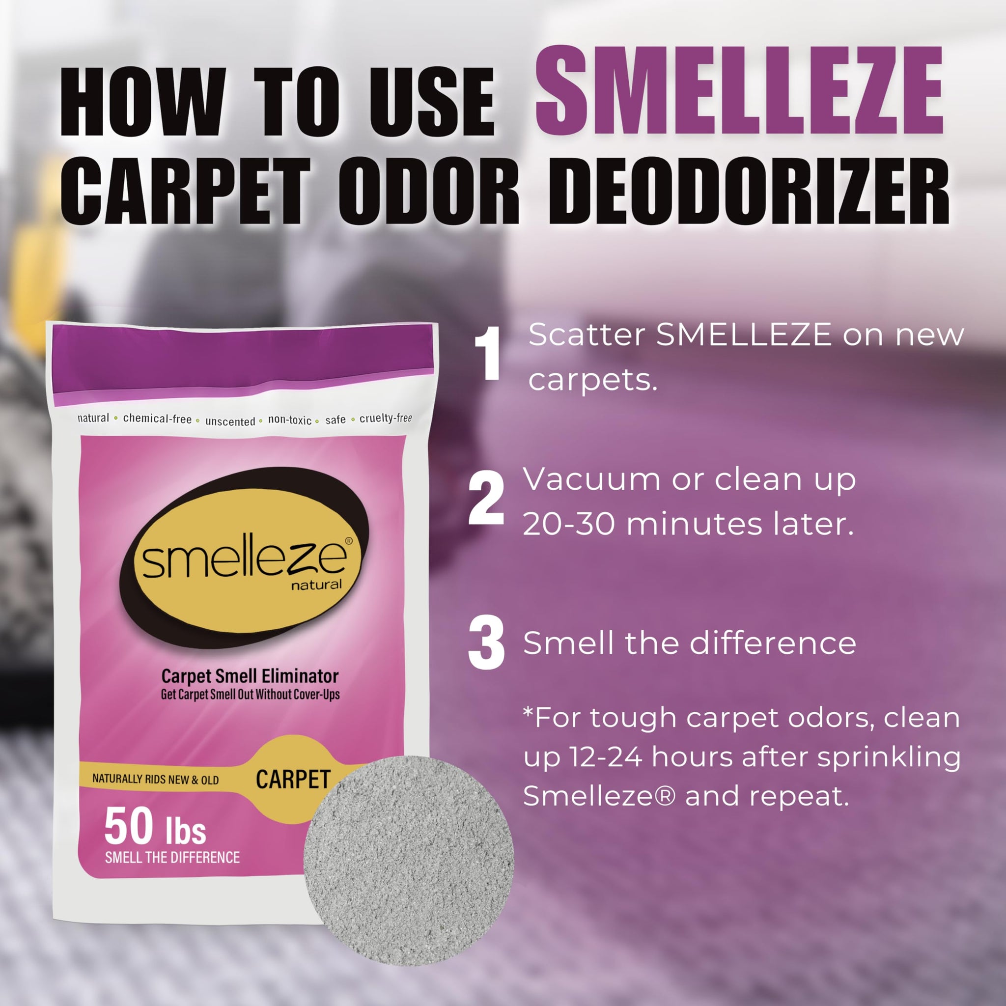 SMELLEZE Natural New Carpet Smell Deodorizer, Carpet Odor Eliminator Powder - Deodorizes All New Carpets, Rugs & Upholstery, 50 lb. Powder