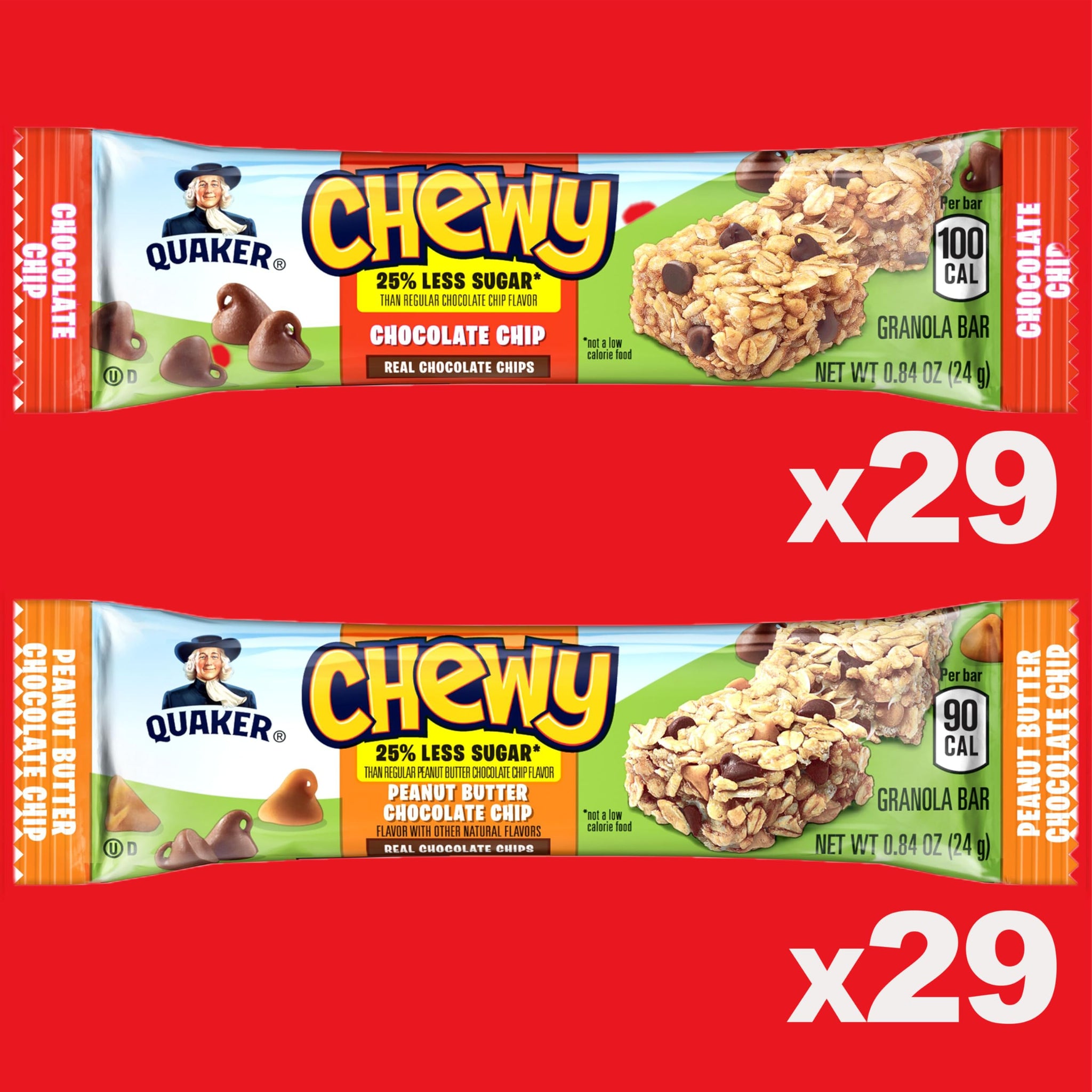 Quaker Chewy Granola Bars, 25% Less Sugar, 2 Flavor Variety, 58-Pack, Vegetarian