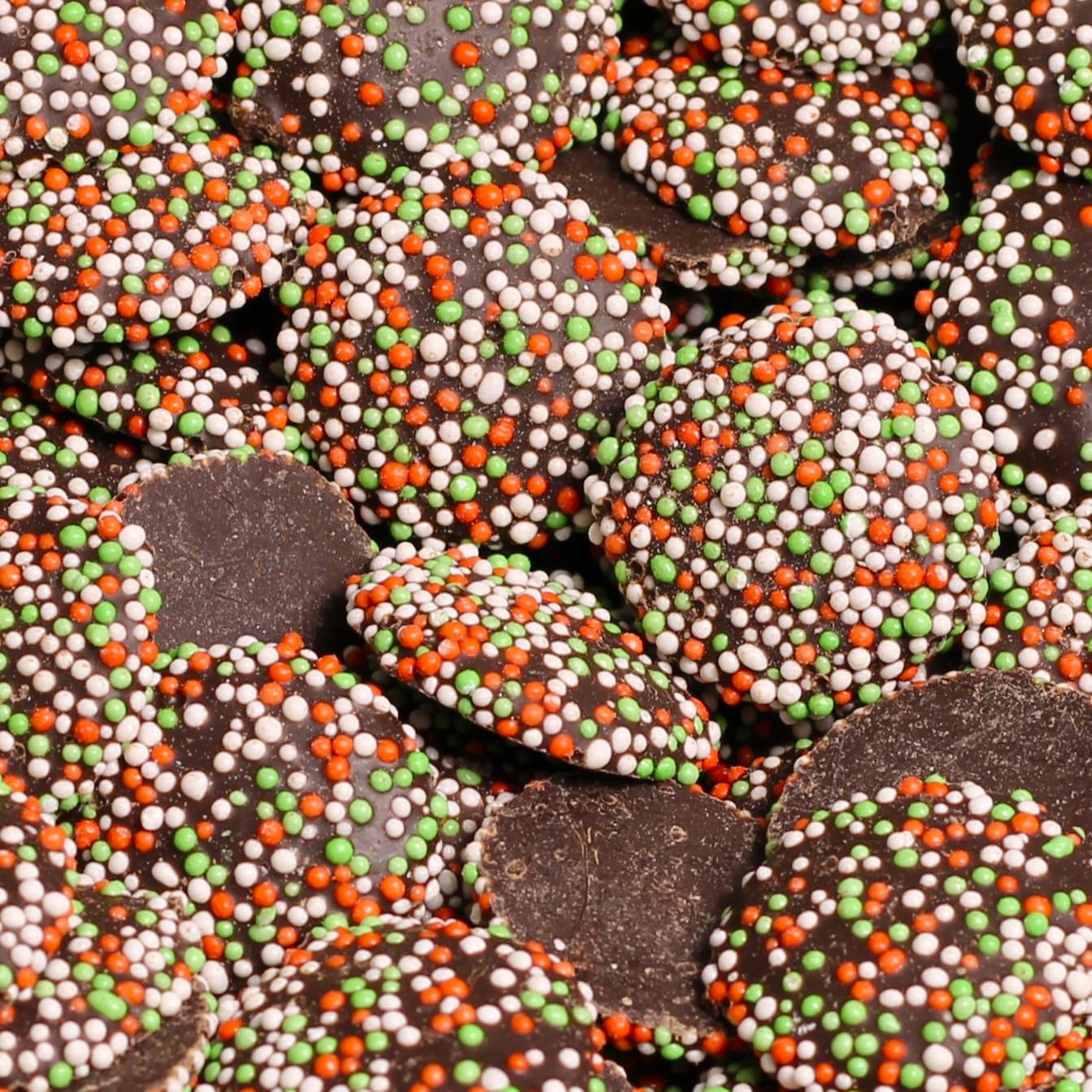 Christmas Dark Chocolate Nonpareils Candy by Its Delish, 5 Lbs Bulk Bag | Christmas Themed Chocolate Candy with Red Green and White Non Pareils
