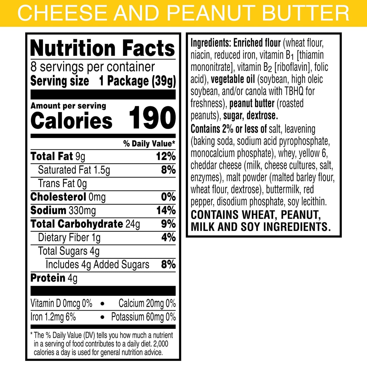 Keebler Sandwich Crackers, Single Serve Snack Crackers, Lunch Snacks, Cheese and Peanut Butter, 11oz Tray (8 Packs)