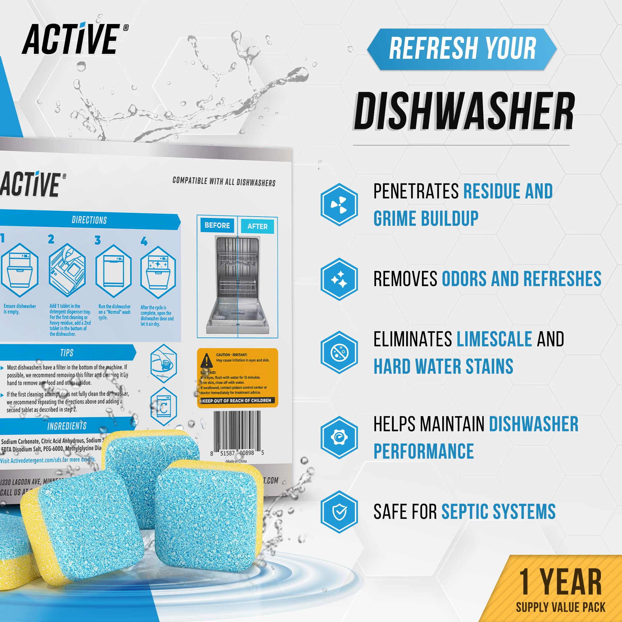ACTIVE Washing Machine And Dishwasher Cleaning Tablets Bundle - Includes 12 Month Supply Dishwasher Cleaner Deodorizer & Washing Machine Descaler Deep