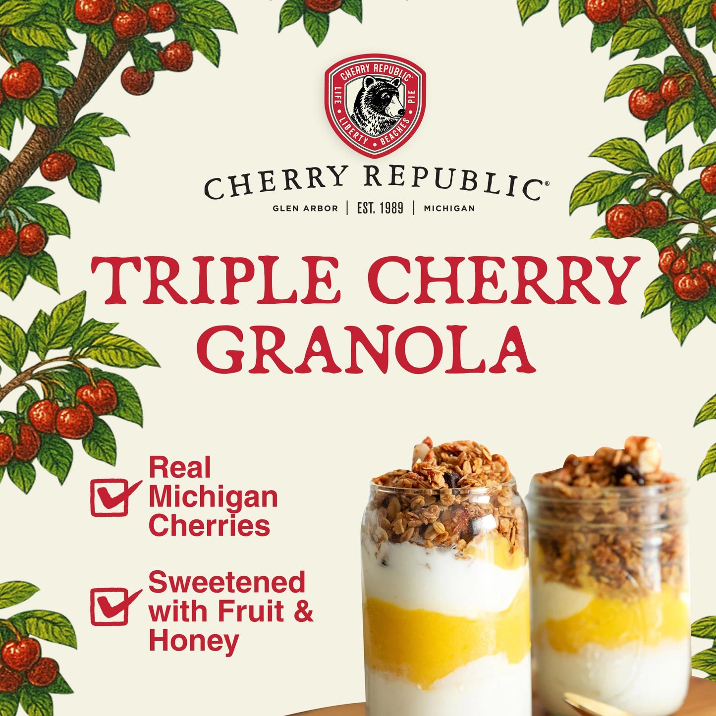 Cherry Republic Triple Cherry Granola, 1 lb Bag, Mix of Cherries, Blueberries, Strawberries, Oats, Almonds and Honey, Gourmet Snack, Healthy Granola
