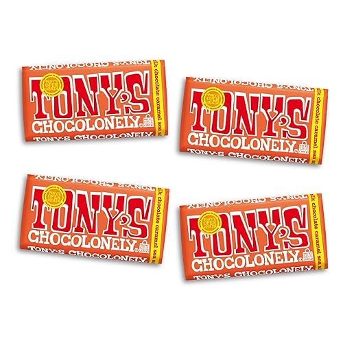 Tony’s Chocolonely Belgian Milk Chocolate Candy Bar With Caramel & Sea Salt, Chocolate Bars for Snacks, Party Favors, or Gifts, 32% Cacao, Made From