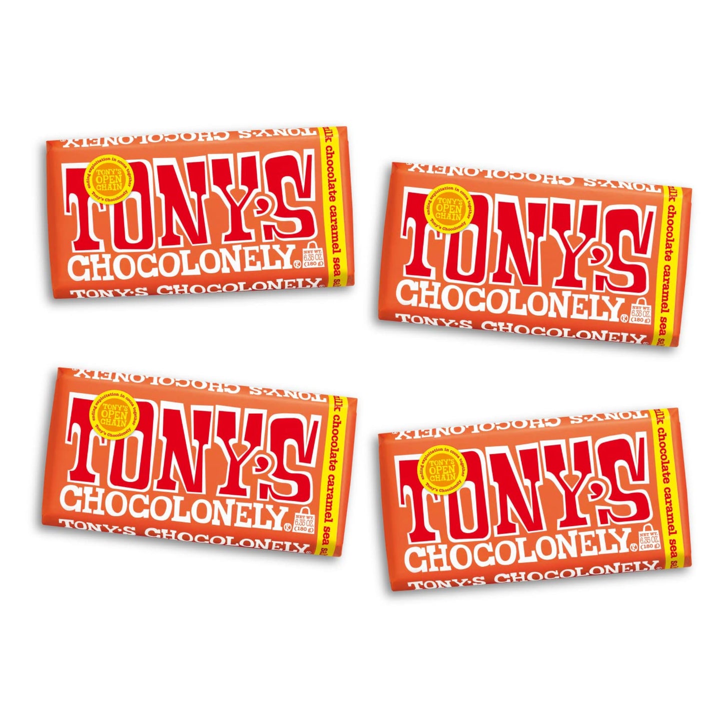 Tony’s Chocolonely Belgian Milk Chocolate Candy Bar With Caramel & Sea Salt, Chocolate Bars for Snacks, Party Favors, or Gifts, 32% Cacao, Made From