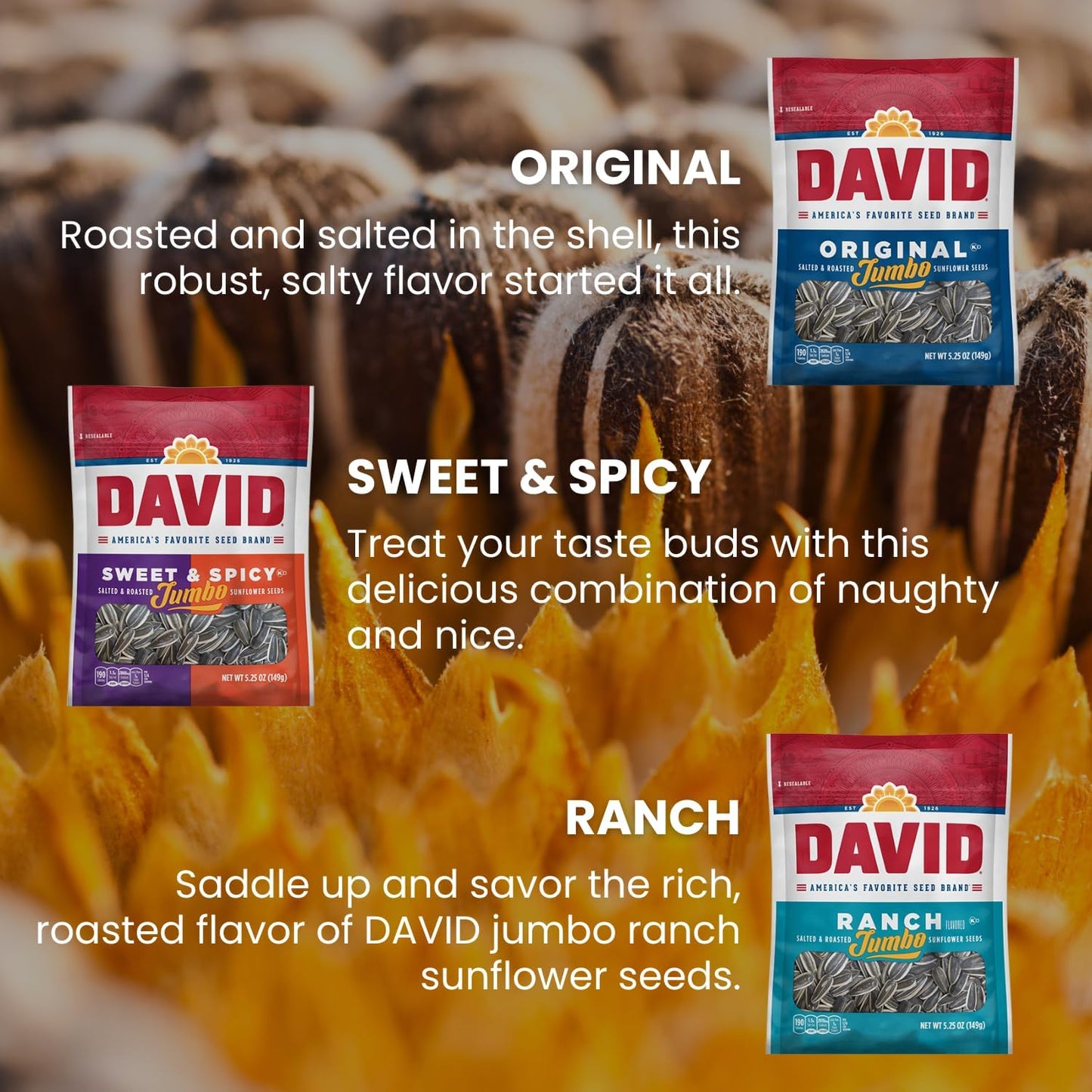 DAVIDs Sunflower Seeds, Assorted Flavors, Variety Pack 5.25 Oz Bags, 9 Count
