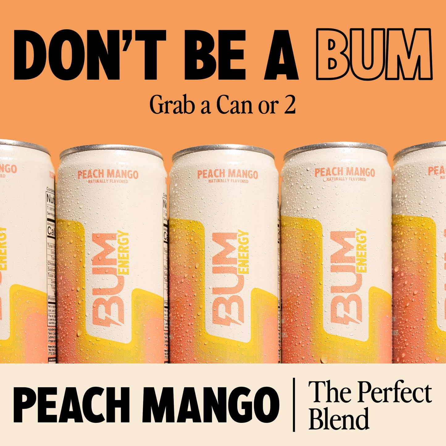 BUM Sugar-Free Energy Drink, Peach Mango - Lightly Carbonated & No Artificial Colors, Natural Caffeine & Citicoline for Energy & Focus, Brain Boost