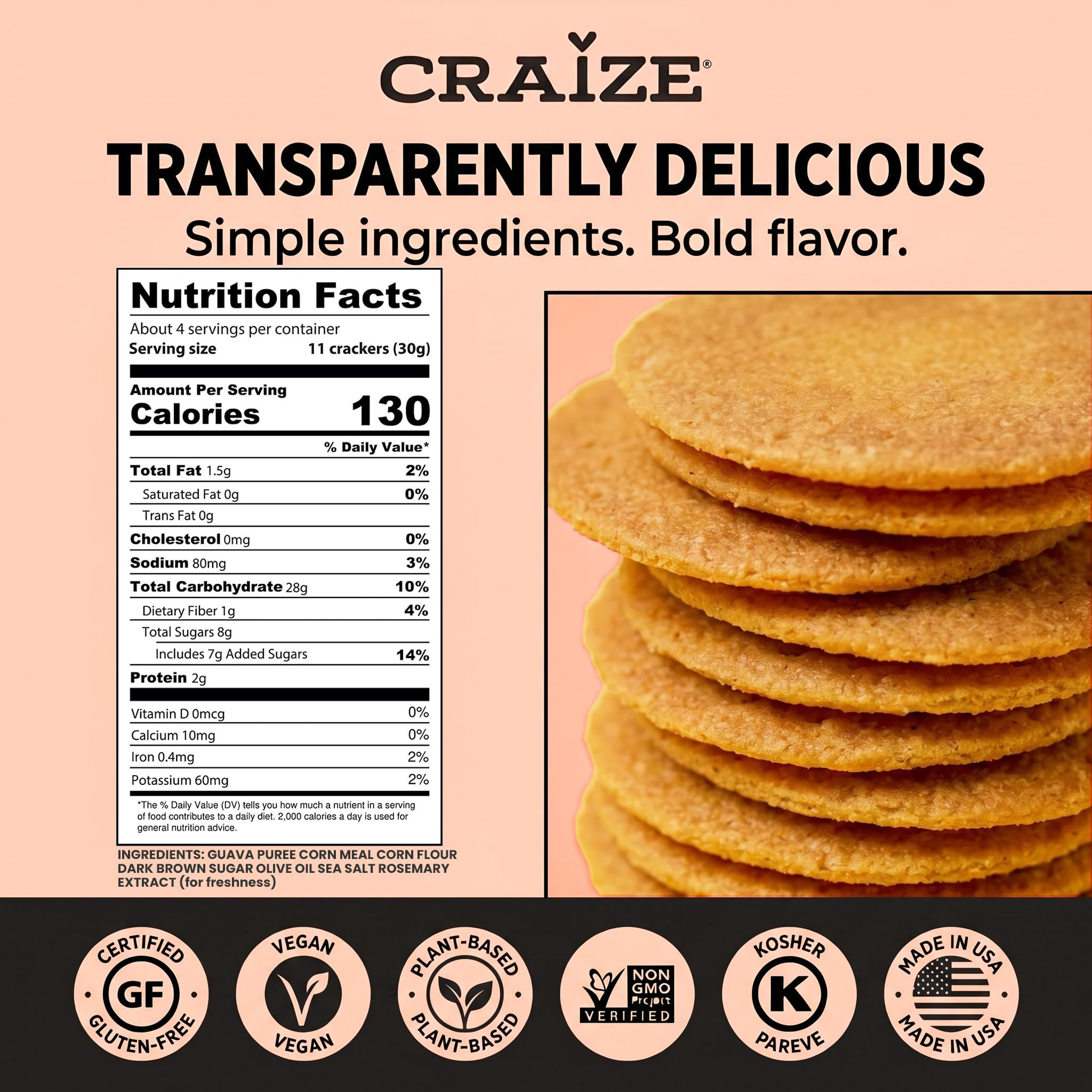 Craize Guava Crisps | Gluten Free, Vegan, Kosher, Toasted Corn Crackers | 4 oz each
