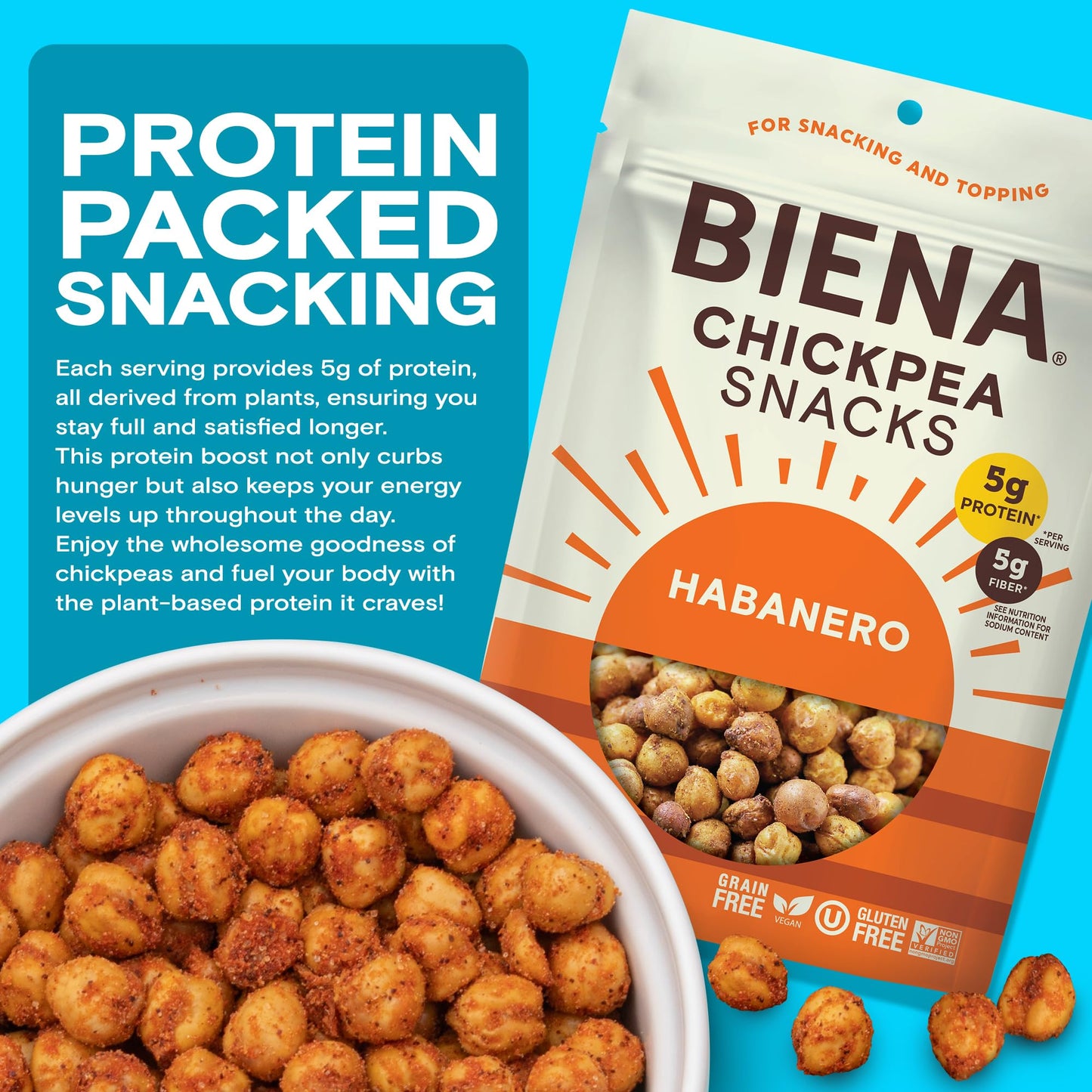 BIENA Chickpea Snacks - Crunchy Roasted Chickpeas - High Fiber Vegan Protein Snacks for Adults and Kids - 8-Pack, 5 Ounce - Habanero